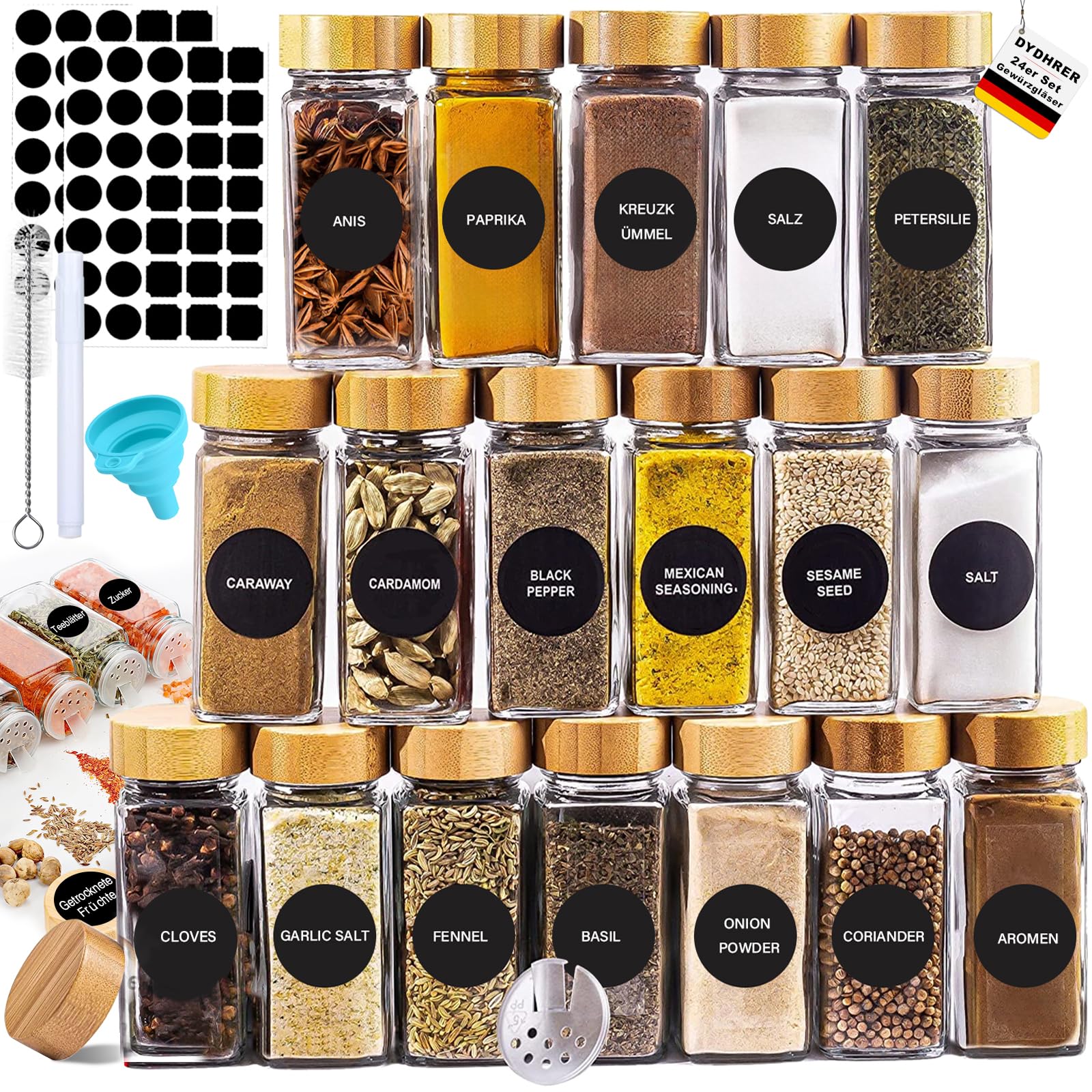 24 Pièces Pot a Epices en Verre et Bois,120 ml Bocaux à Épices,Pots à Épices Cuisine,Pot Epices Verre avec Tamis Étiquettes Brosser Entonnoir,Bocaux Epices pour Rangement des Épices Cuisine