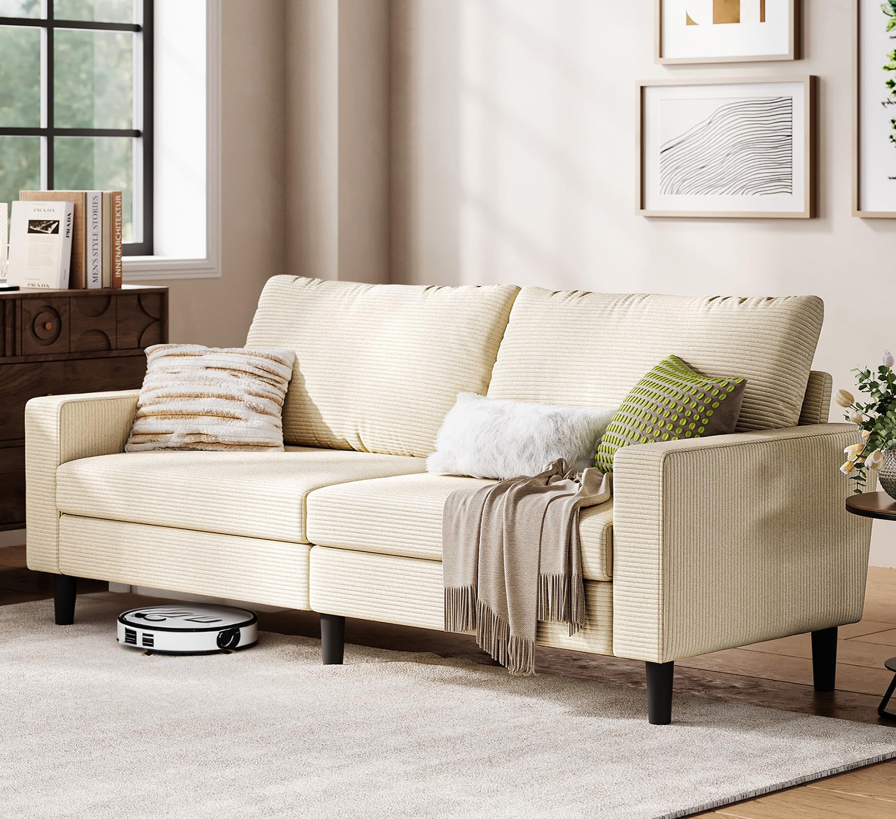 LINSY Beige Loveseat Sofa Couch: Corduroy Couches Love Seat with Adjustable Seat Depth, Removable Cover, Solid Wood Frame 2 Seater Couch for Living Room Bedroom Apartment Small Spaces (79inch, Beige)