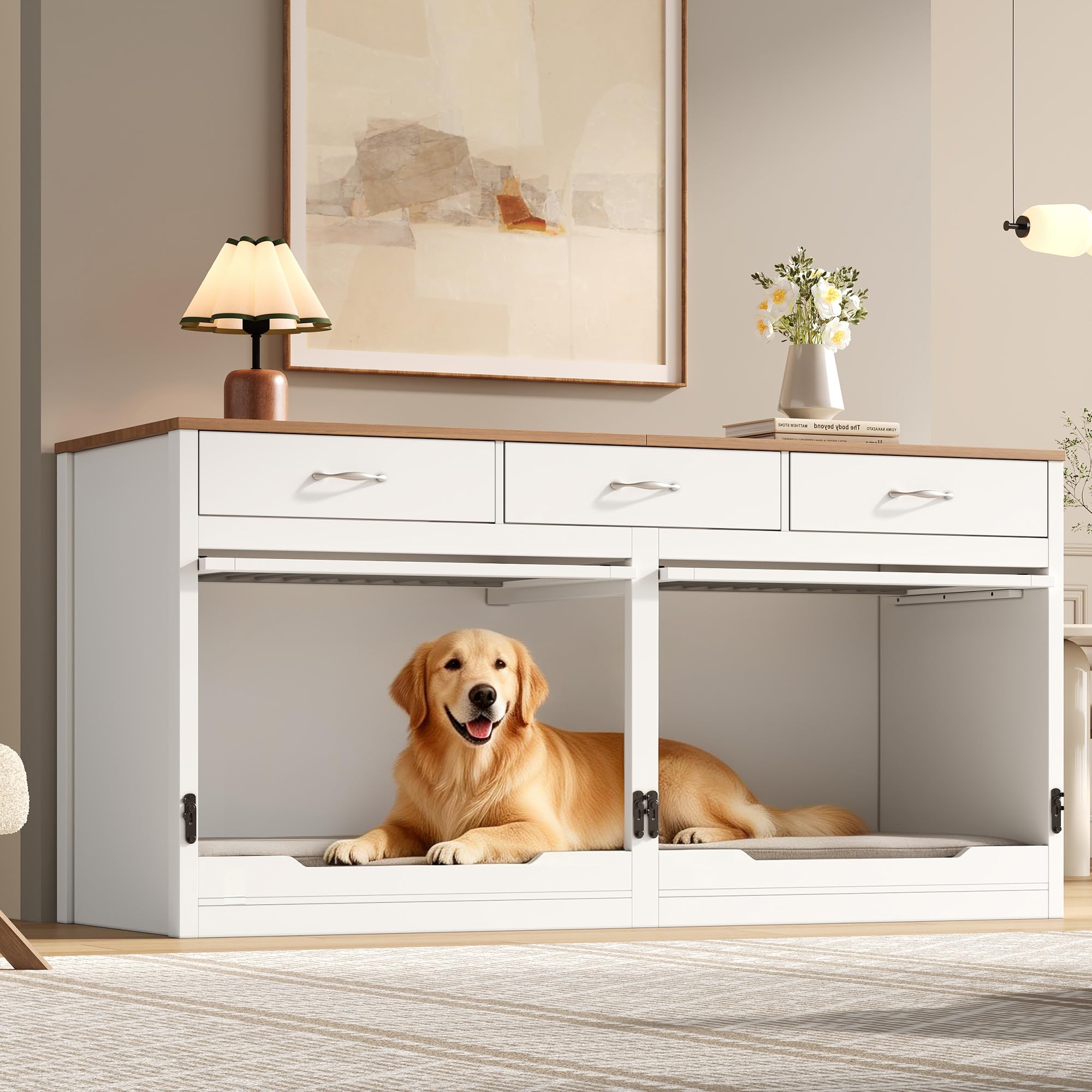 Gabbia per cani XXL, in legno e metallo, con 3 cassetti e 2 ante, cuccia interna per cani, per la casa, coperchio pieghevole, divisorio rimovibile (bianco + effetto legno)