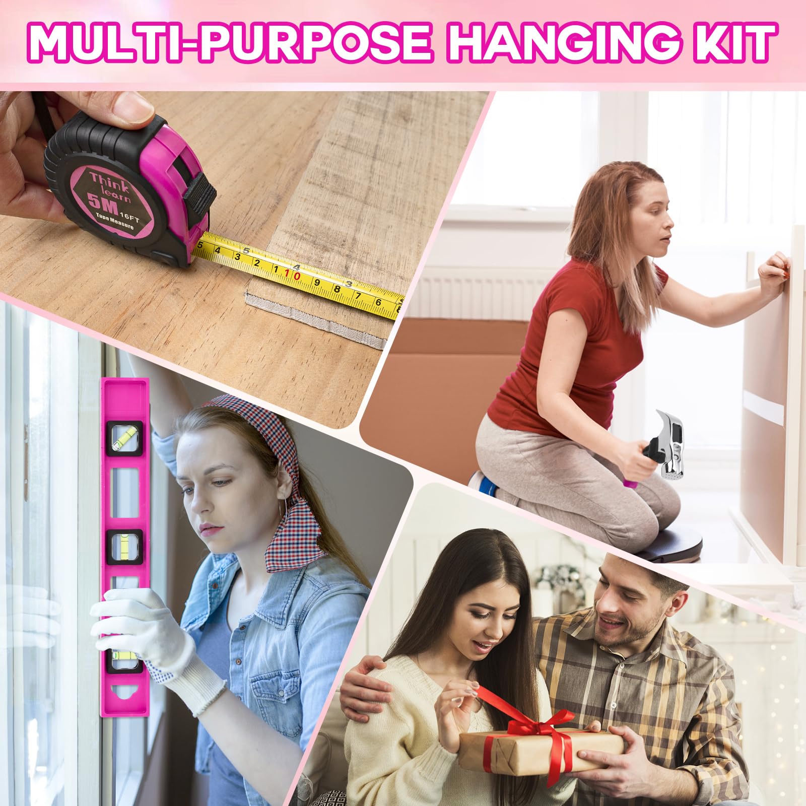 THINKLEARN Picture Hanging Kit, Picture Hangers, 328Pcs Picture Hanging Tool with Picture Hanging Hardware, Level, Small Hammer, Picture Hanging Wire, Picture Hanging Strips, Tape Measure