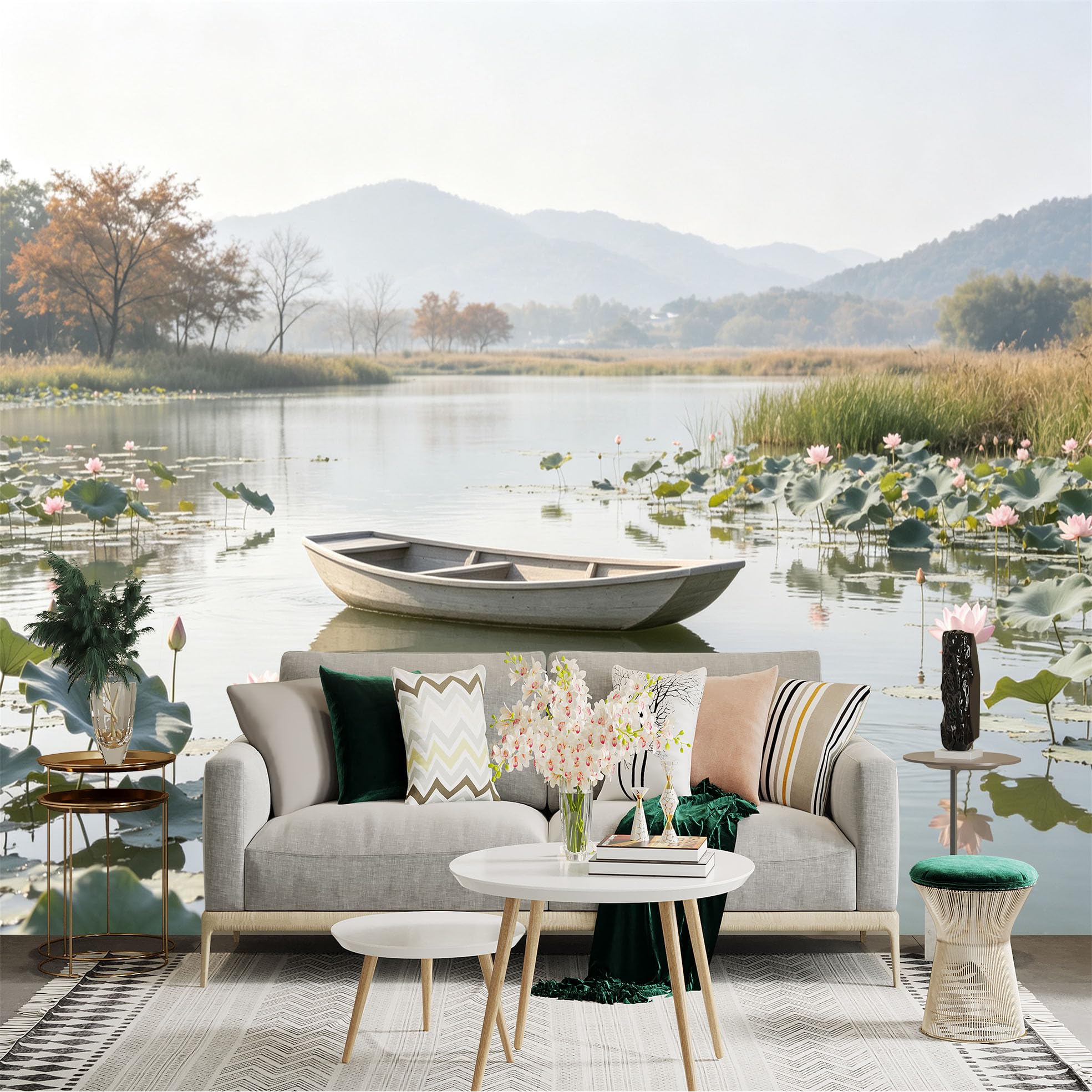Custom Size Wall Sticker Mural， Wooden Boat on Calm Lake， Blooming Pink Lotus Flowers， Serene Waterfowl， Peaceful Misty Mountains， for wall Decoration， peelandstick wall Decals.