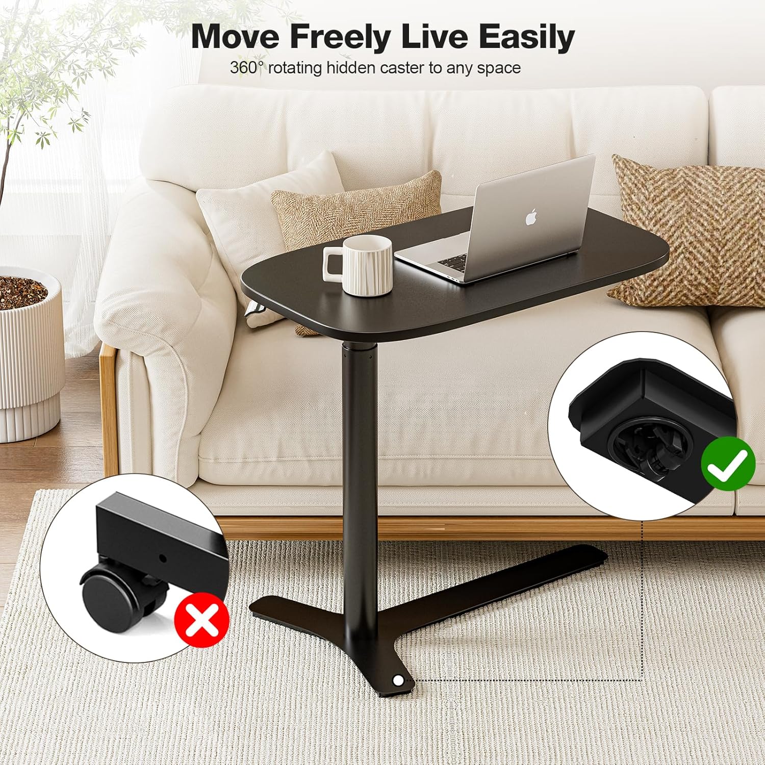 Muvai Overbed Bedside Table with Hidden Casters,30 Inches Adjustable Height Pneumatic Mobile Laptop Standing Desk, Rolling Computer Table for Home & Hospital Use ，Black 30" W x 17.7" D