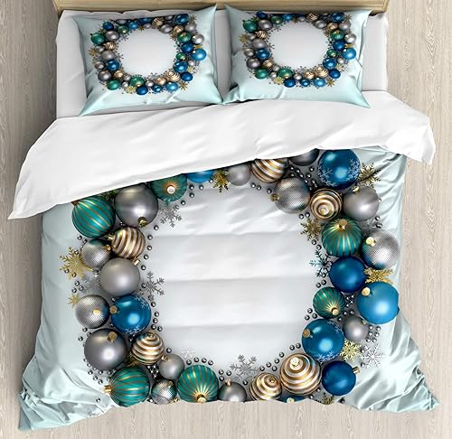 Miniatura 1 de Ambesonne Juego de funda de edredón de Navidad, bolas de Navidad vívidas con corona circular, exhibición tradicional, juego de ropa de cama