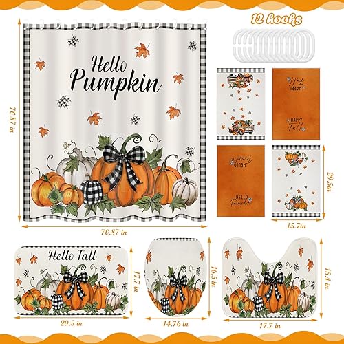 Miniatura 3 de VitalCozy Juego de 8 cortinas de ducha de Acción de Gracias, cortinas de ducha de otoño con alfombra, tapa de inodoro, toallas y gancho para