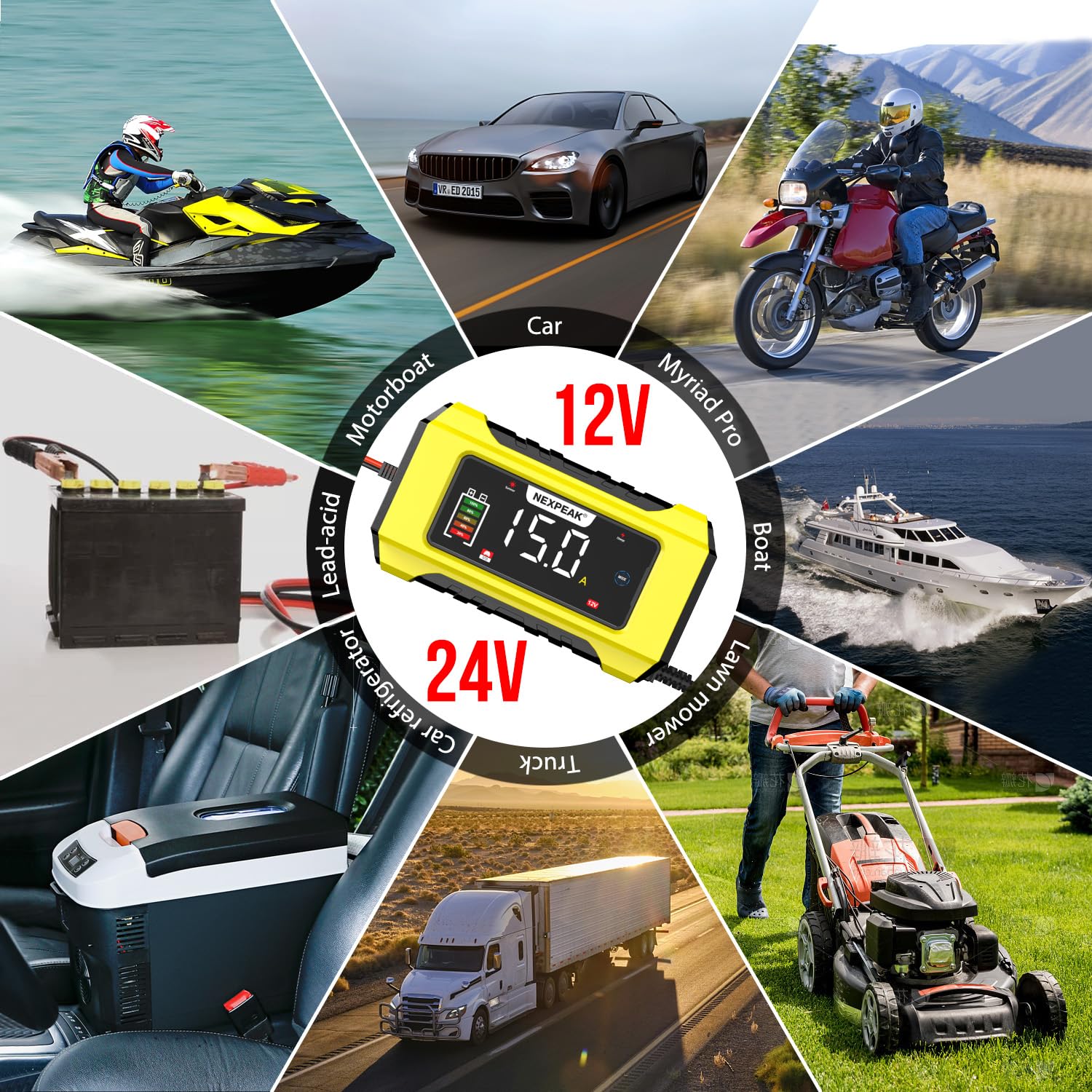 NEXPEAK NC215 15A Autobatterie Ladegerät, 12V 24V LiFePO4 Blei-Säure Tragbares Autobatterieladegerät 9-stufiges Intelligentes Batterieladegerät für Auto, LKW, Motorrad, Rasenmäher, Boot, Marine