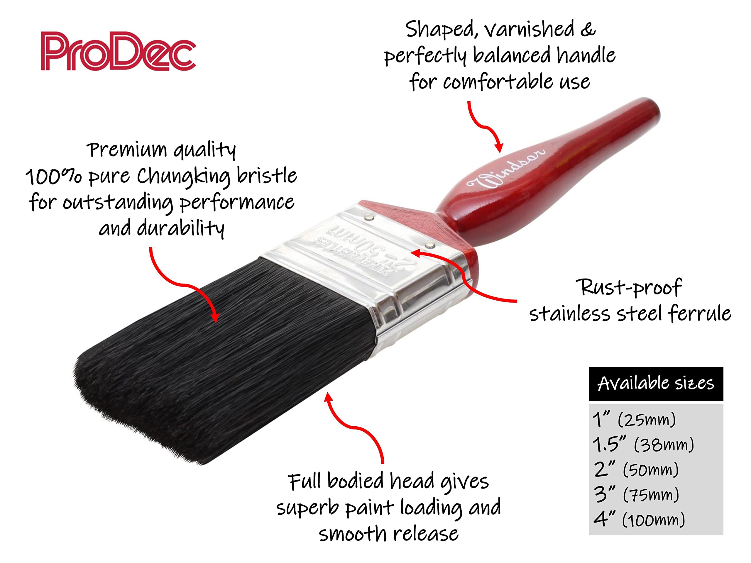 ProDec Brocha de cerdas puras Profesional Windsor Trade de 4 Pulgadas para Pintar con Pinturas de emulsión, Brillantes y satinadas en Paredes, techos, Madera y Metal, 4" 100mm