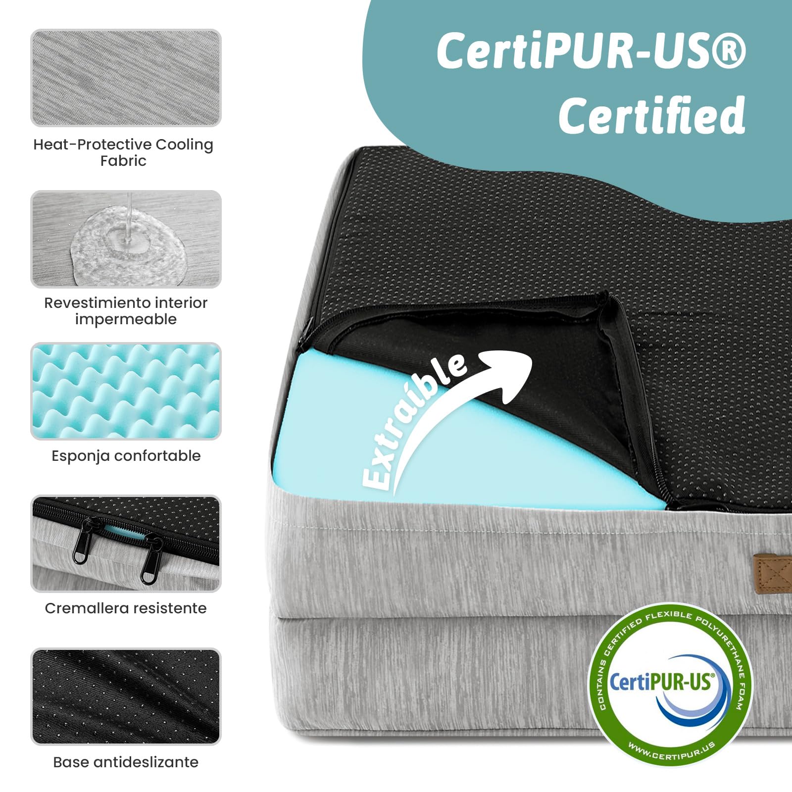 COZY KISS Cama Refrescante Grande para Perros, Cama Perro Verano Impermeable, Ortopédica Sofa para Perros Desenfundable y Lavable, Colchón Perro Viscoelástico Fresco, Gris, XL(112x81x18cm)
