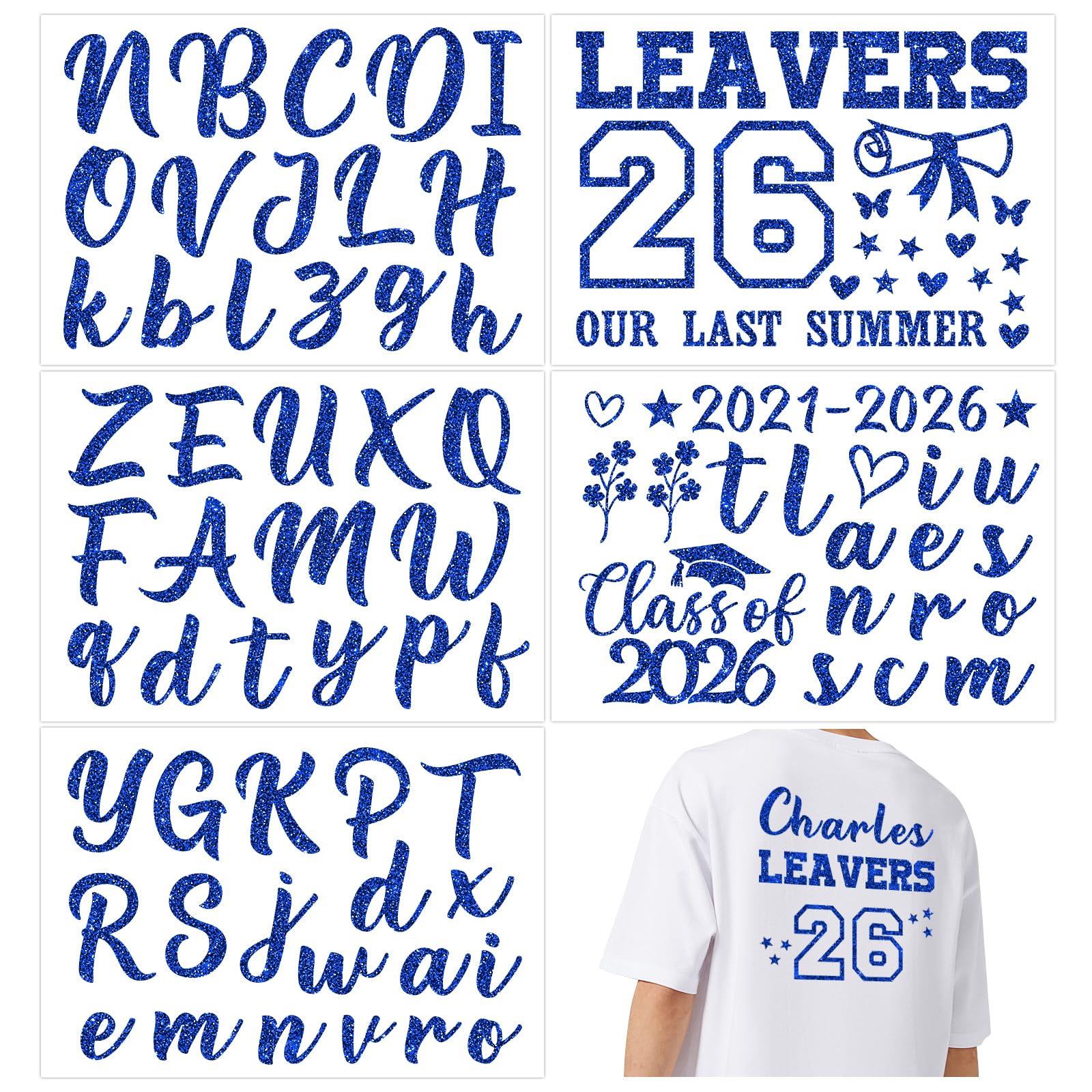 DOORIO 5 Sheets 2026 Leavers Iron on Transfers Class of 2026 Transfer Names Glitter DIY Leavers Shirt Decoration Graduation Transfers for Clothing T-Shirts Backpacks Jerseys (Royal Blue)