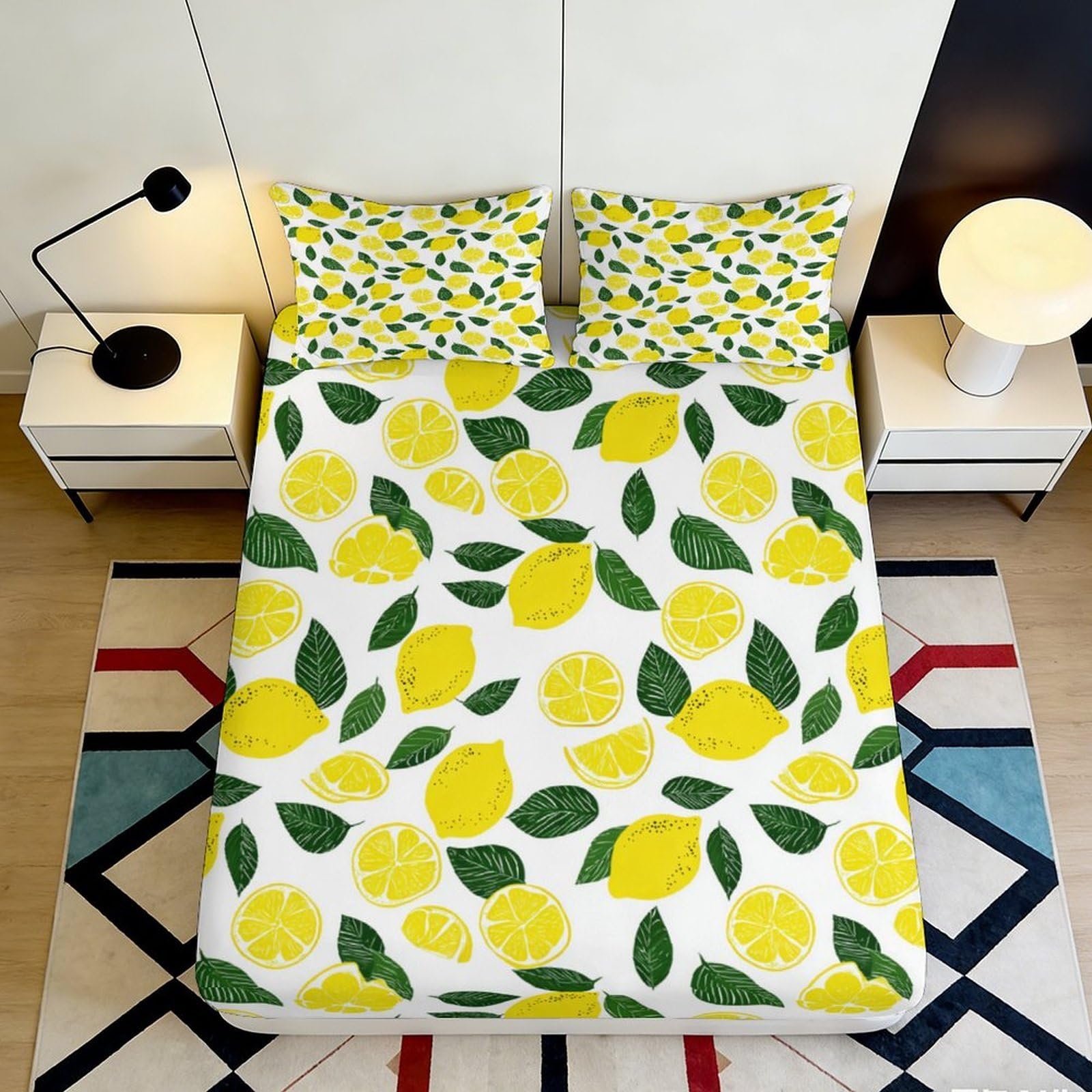 3D Printed Lemon Fruit Fitted Sheet Microfiber Yellow Green Leaves Bed Cover for Bedroom Guestroom Easy Care 90x200x25cm