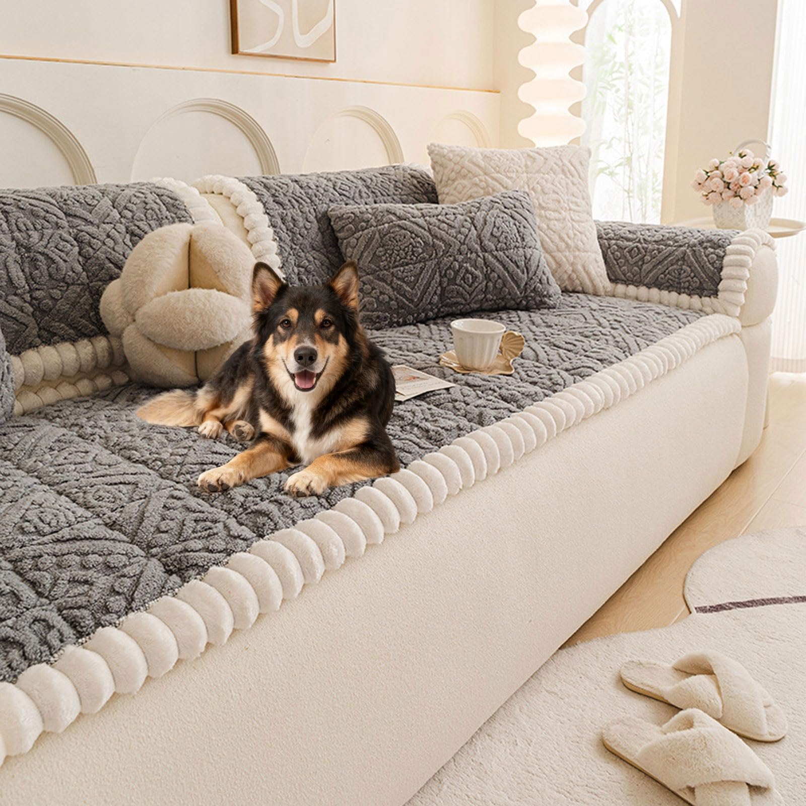 Housse de Canapé & Couvre Canape en Peluche Douce Lavable, Protège-canape Antidérapant pour Chiens Housse canapé d'angle 1/2/3/4 Places(Grey 2,90 * 210cm)