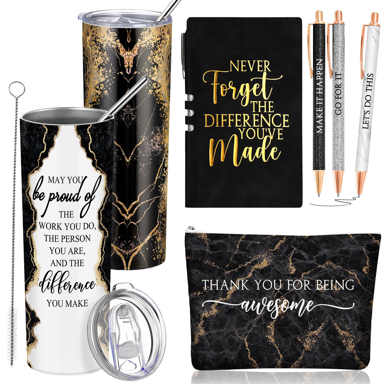 Domensi 6 Pcs Employee Appreciation Gift Set for Women Female Thank You Gift May You Be Proud 20 oz Rustic Blue Marble Sign Tumbler Makeup Bag Journal for Teacher Nurse Lady Work Business(Black)