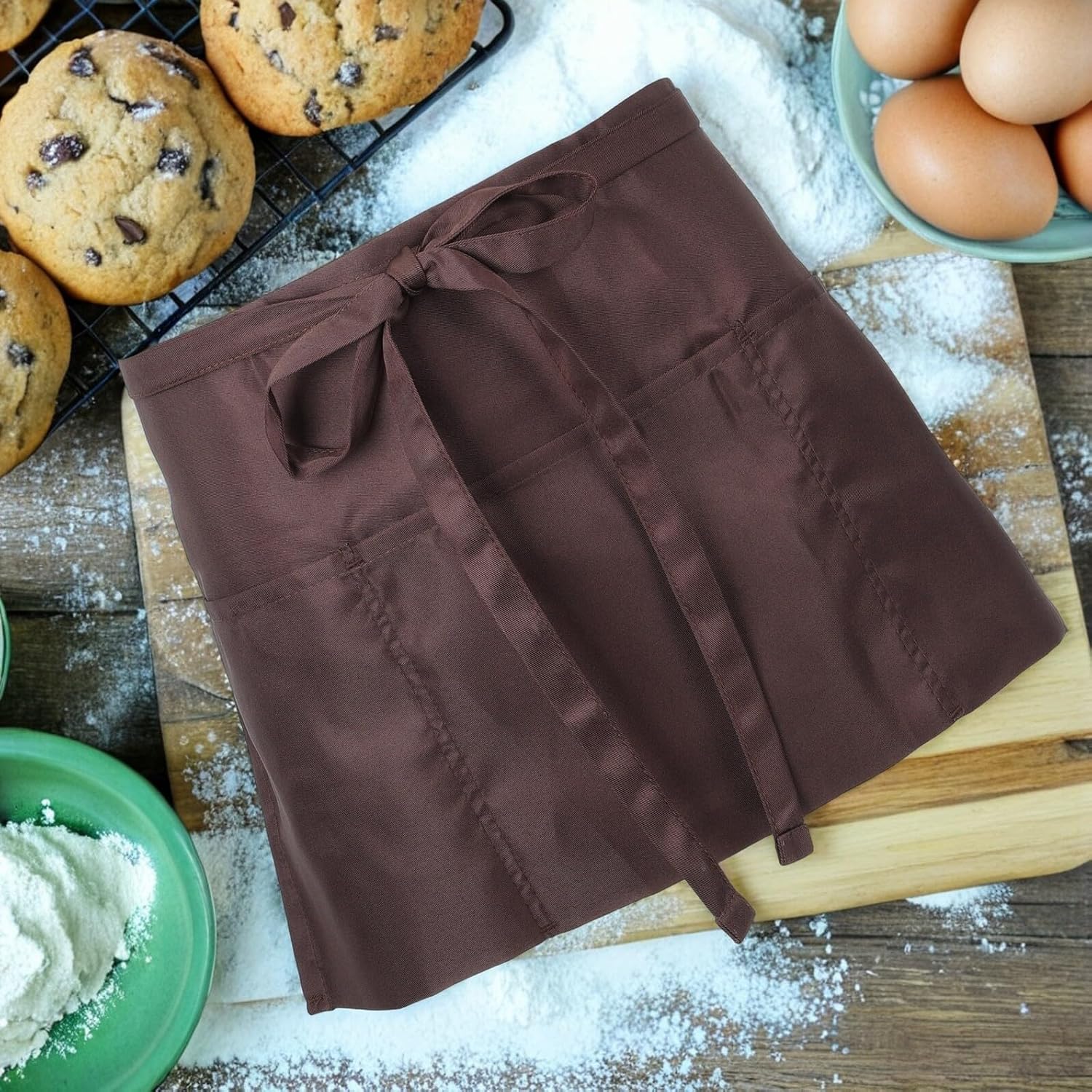 4 Pcs Short Waist Kitchen Aprons with Pockets for Men and Women, Coffee Color Cotton Blend Multifunctional Half Apron for Home Cooking, Restaurant, Bistro Use