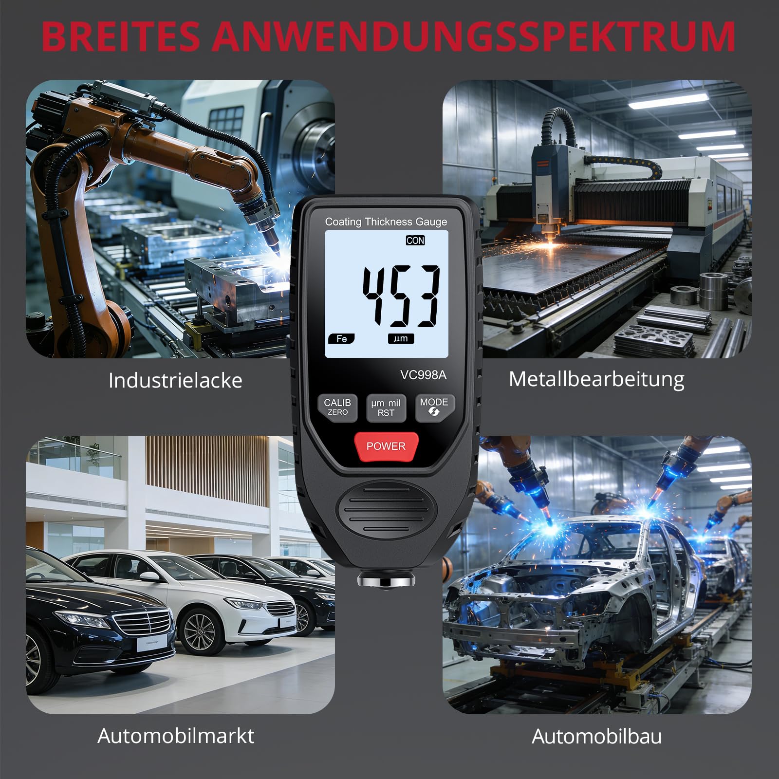 BINTA Lackmessgerät Auto, Schichtdickenmessgerät Autolack Lackdickenmessgerät für Auto Car Karosserie 0-1500μm LCD Display für Eisen Aluminium
