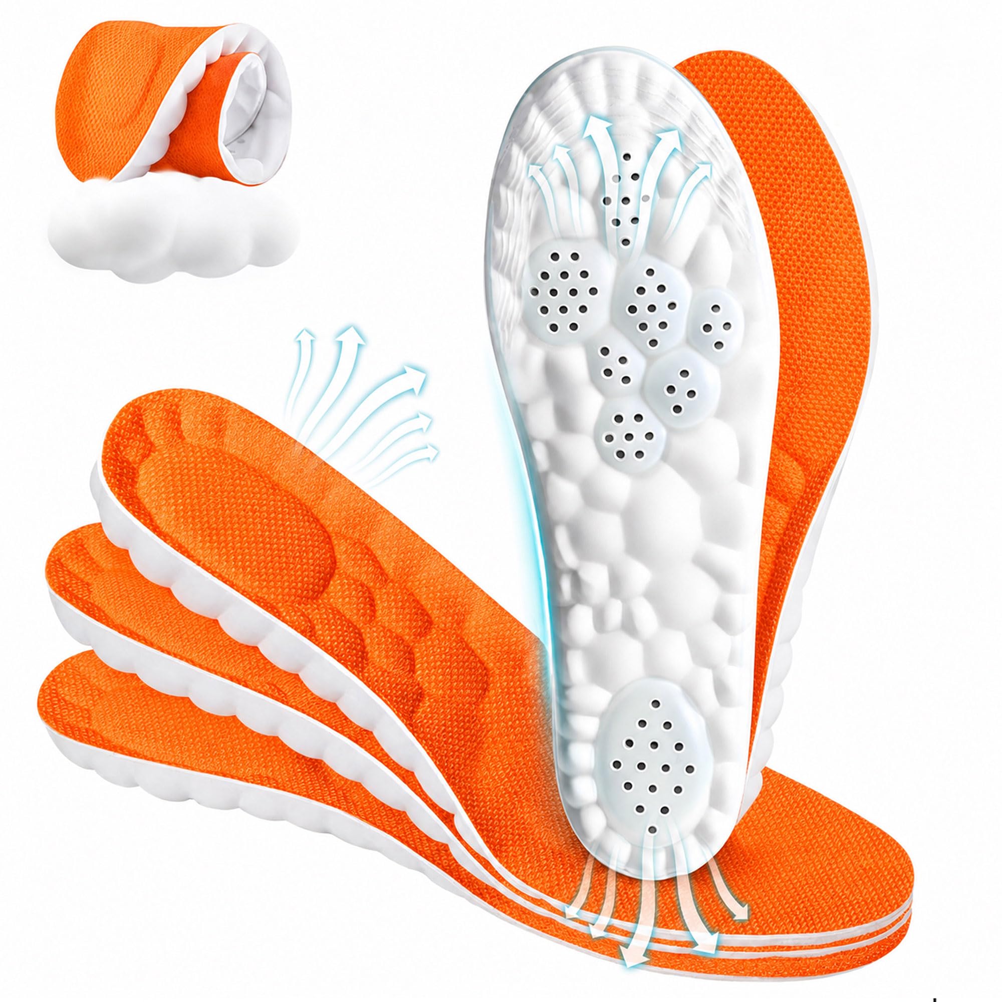 3 Pairs 4D Cloud Insoles for Men Memory Foam Insoles, Orange, US 9-11