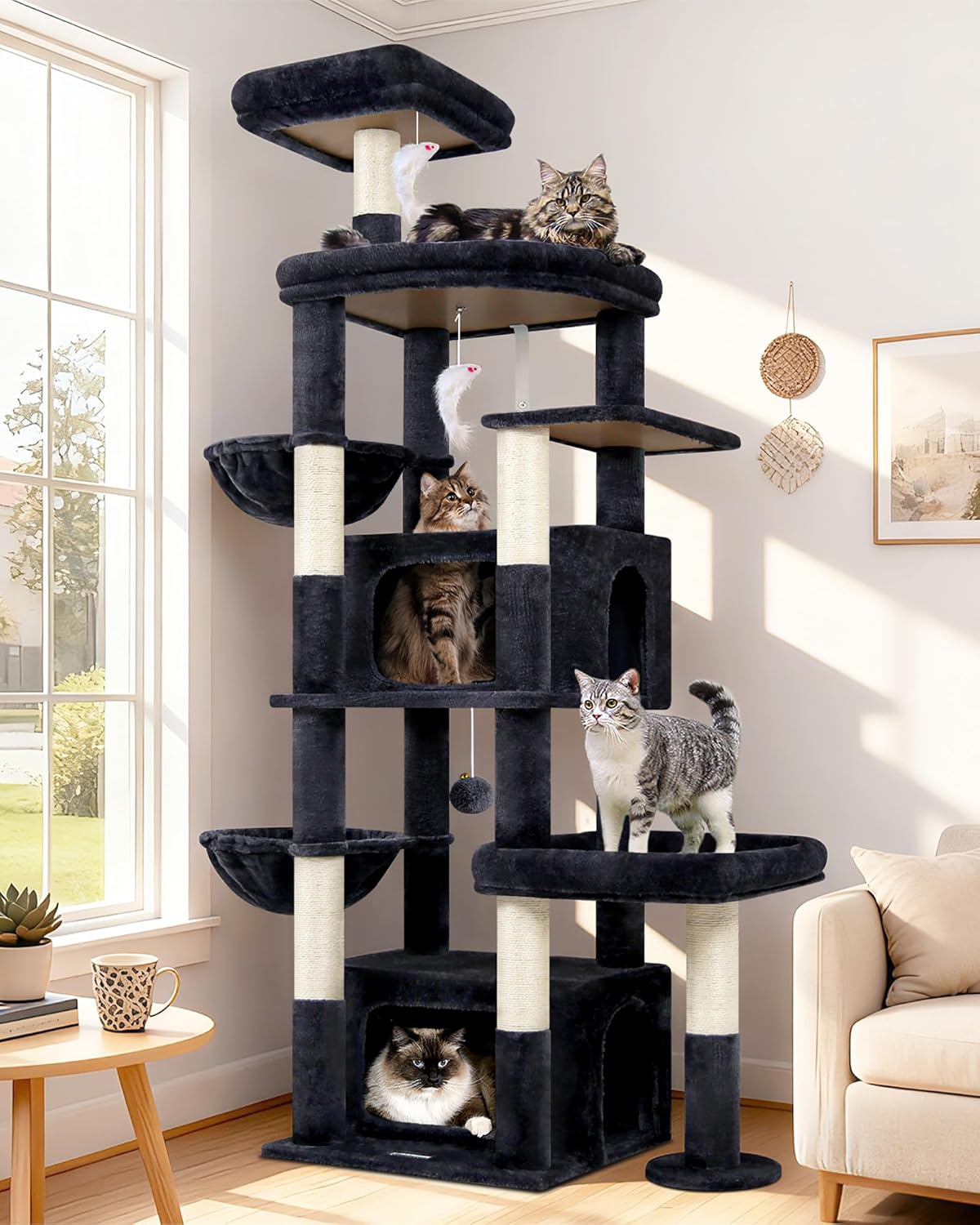 Globlazer Cat Tree for Large Cats, 75in Tall Multi-Level Heavy Duty Cat Tower for Indoor Cats with Extended Platform, 2 Spacious Condos, 2 Padded Perches, 6 Sisal Scratching Posts, S75, Dark Grey