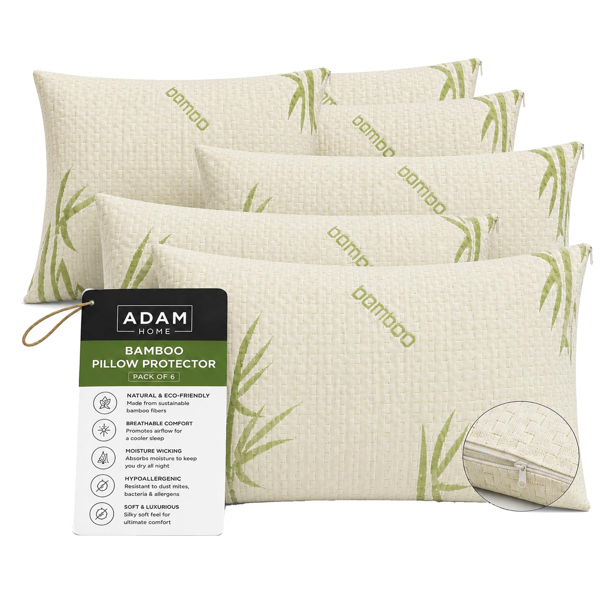 Adam Home Bamboo Pillow Protectors 6 Pack (50 x 75 CM) - Natural Bamboo Zippered Pillow Cases – Durable, Breathable & Comfortable