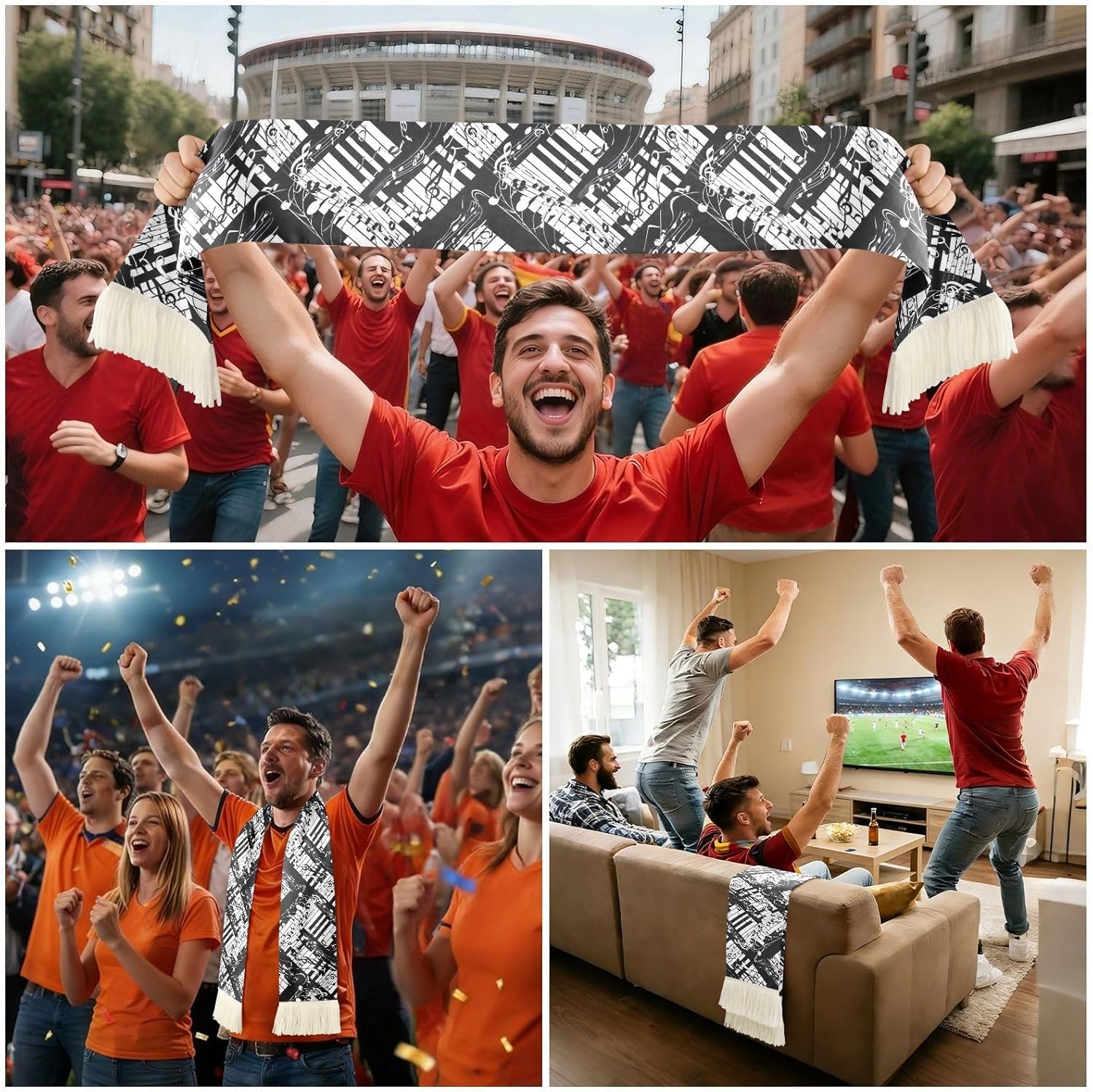 CHIFIGNO Black White Sports Fan Scarf with Fringe Ends, Soft Polyester Cheering Towel for Soccer Football Games, Quick Dry Sweat Absorbent Rally Scarf