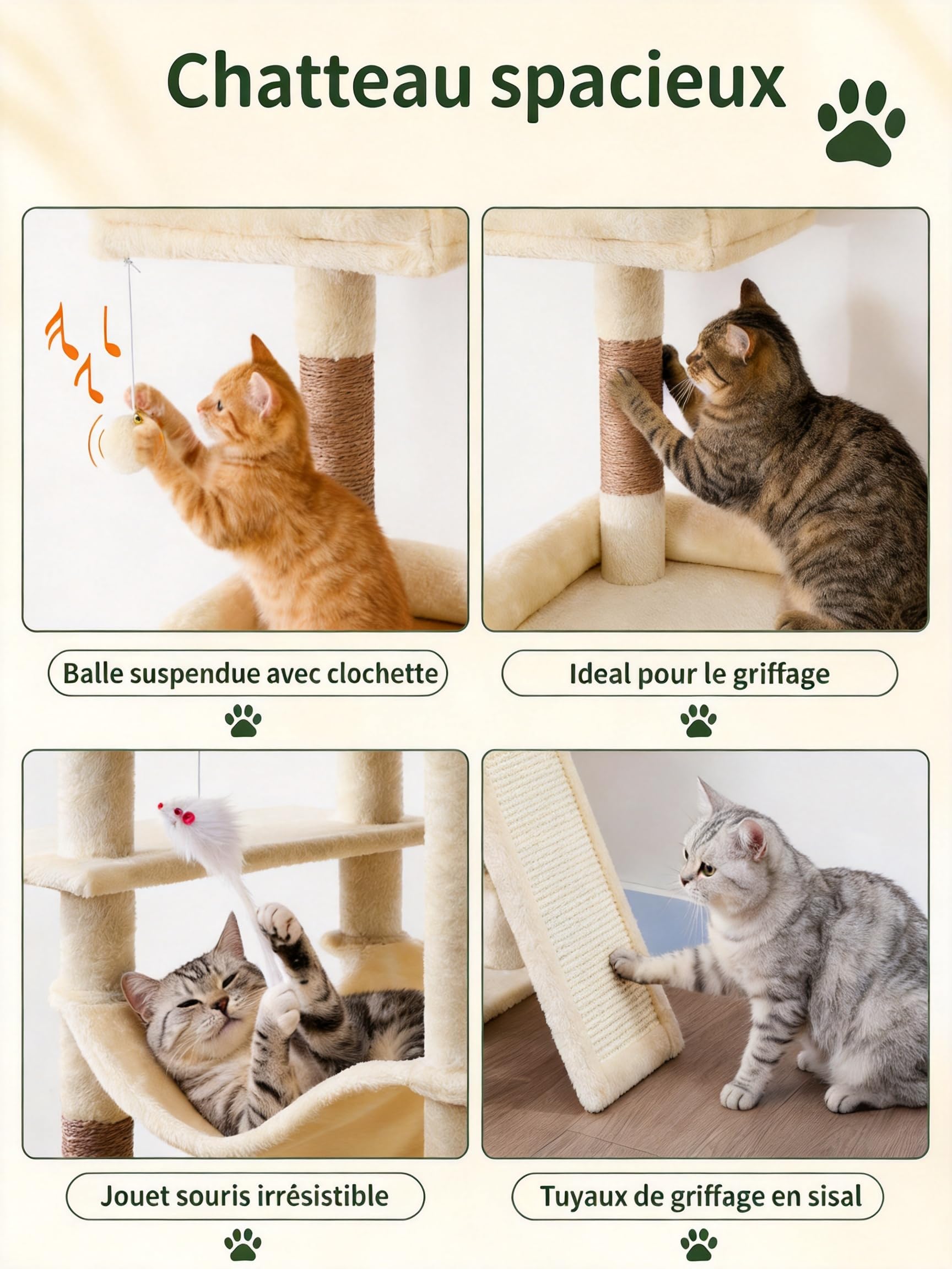Arbre à Chat 213cm XXL, Tour à Chat Géant pour Grands Chats, Beige | 11 Griffoirs Sisal, 2 Nichoirs, Hamac, Panier, Griffoir Incliné, 2 Plateformes, 2 Jouets, Idéal pour 3-5 Chats, EPT21BW