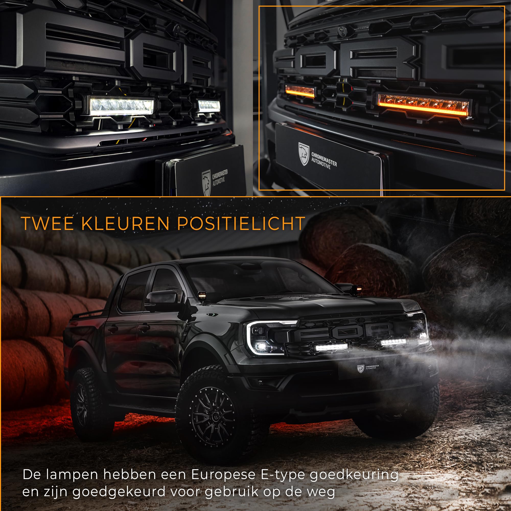 CHROMEMASTER | Due Luci LED Integrate nella Griglia Compatibili con Ford Ranger Raptor 2022+ ; 2x Luci Diurne a Barra LED Strands Firefly 10’’; Omologazione E, 12-24V DC; 3 Modalità di Illuminazione