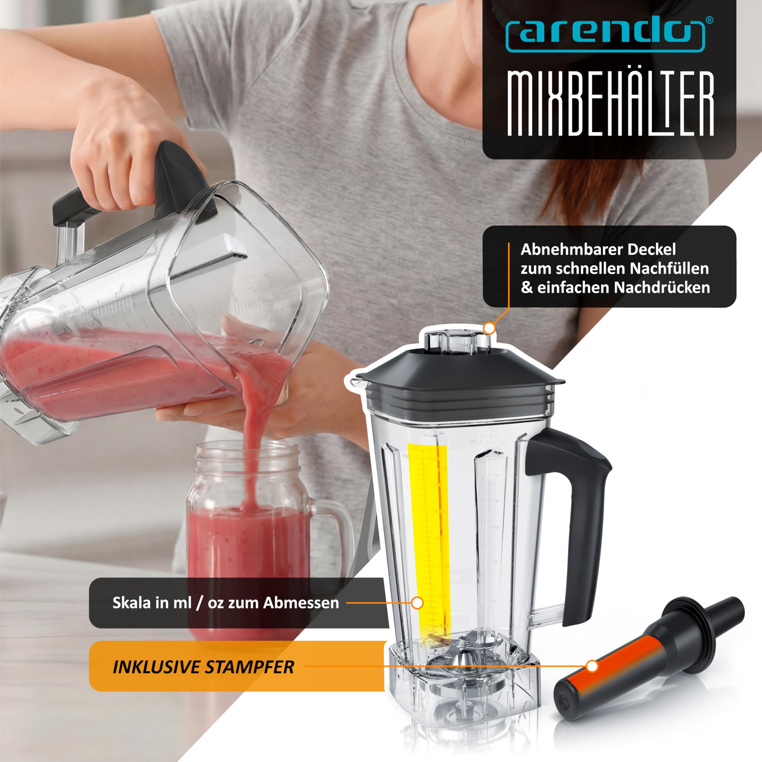 Arendo – Hochleistungsmixer 2000 Watt - Standmixer Edelstahl - 2 Liter Fassungsvermögen – mit Display - 9 Geschwindigkeitsstufen – hochwertige Edelstahl-Messereinheit – 3 voreingestellte Programme