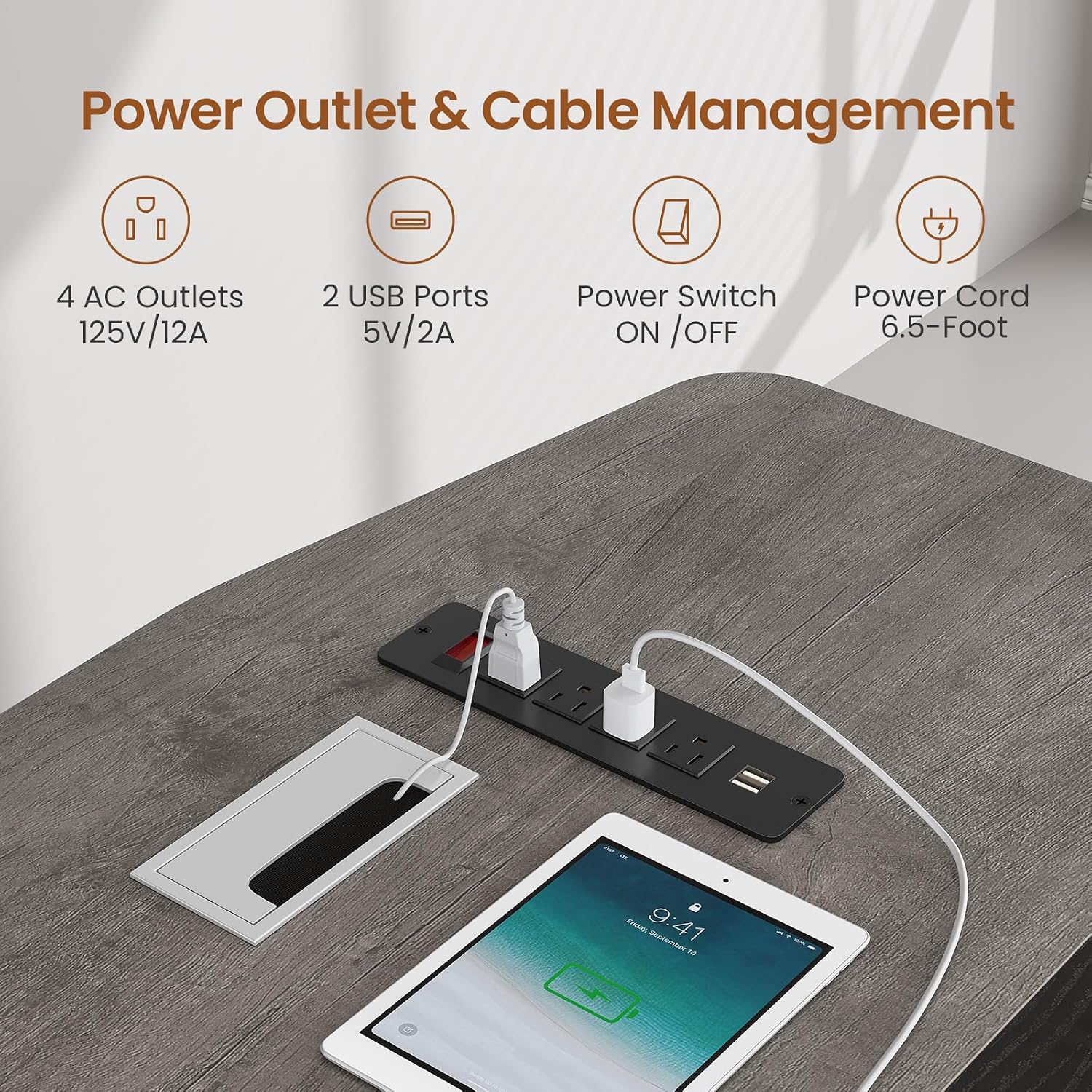 Built-in power outlet with 4 AC outlets and 2 USB ports, and an on/off switch