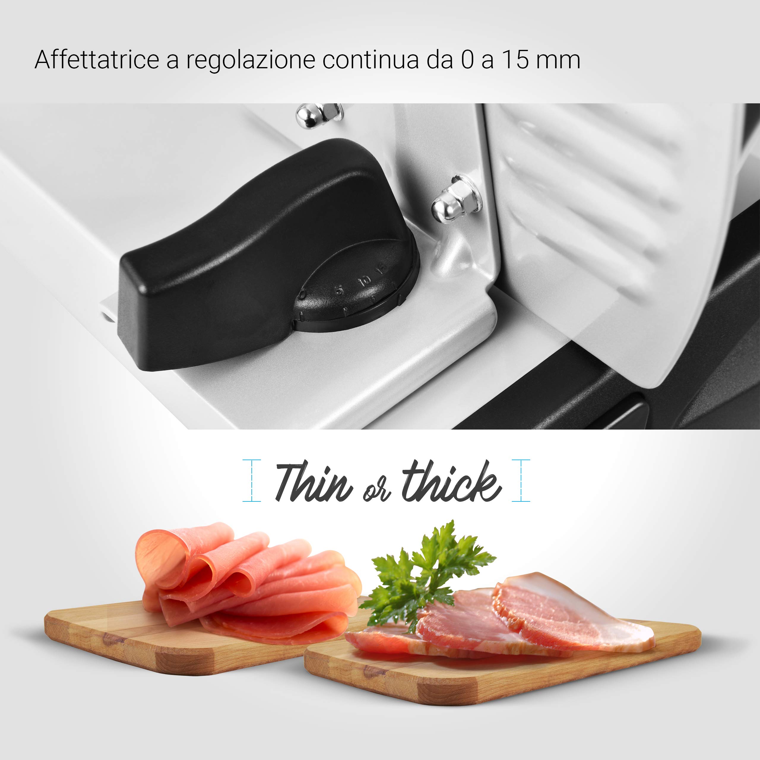 Venga! Affettatrice Elettrica, Regolazione dello Spessore da 0 a 15 mm, Carrello e Paradito Rimovibili, 150W, Argento, VG AS 3003