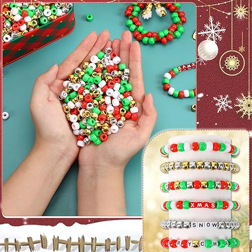 Miniatura 4 de UPINS Cuentas de poni de Navidad, 1200 cuentas de plástico para hacer joyas, collares de Navidad, pulseras, cuentas para el cabello, manualidades,