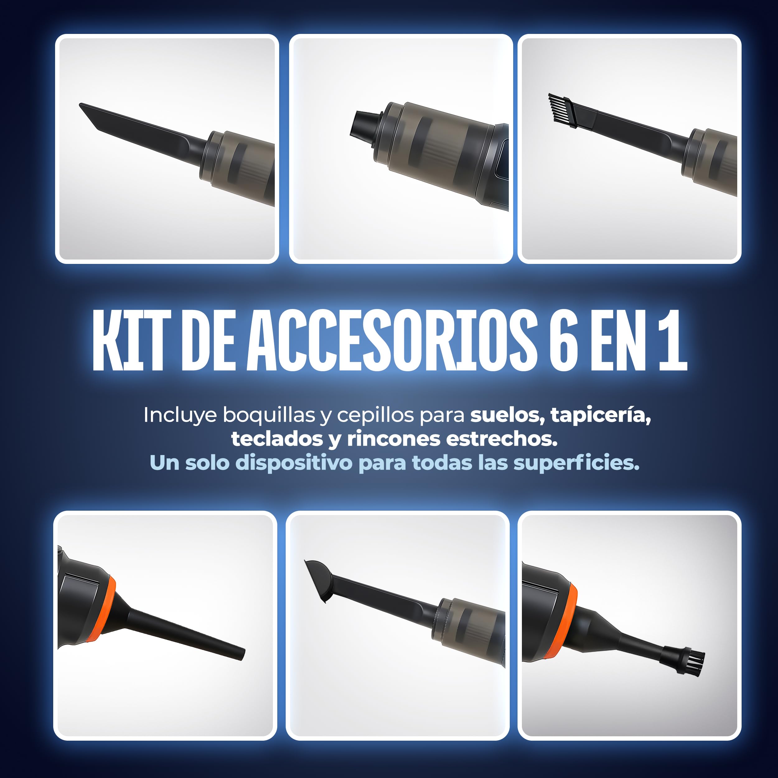 Nova - Aspirador Coche Potente - Soplador de Aire Potente y Aspirador de Mano con 19000PA 7 en 1 - Aspiradora Portatil de Motor sin Escobillas con Maletin para Oficina, Coche y Hogar