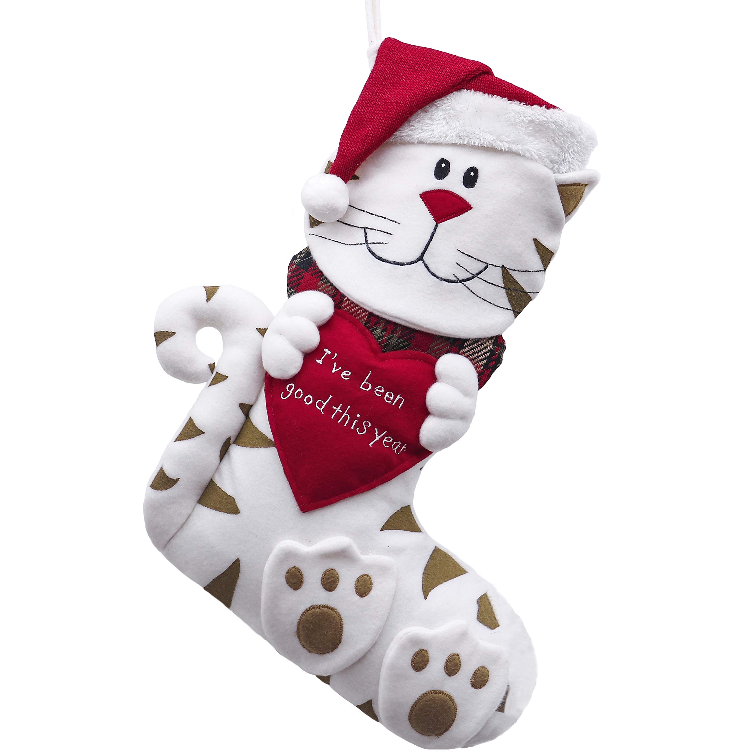 Valery Madelyn Chaussette de Noël en forme de chat rayé de 53,3 cm, mignonne peluche personnalisée pour cheminée rouge et blanc pour animaux de compagnie pour fêtes de vacances, décorations de Noël et