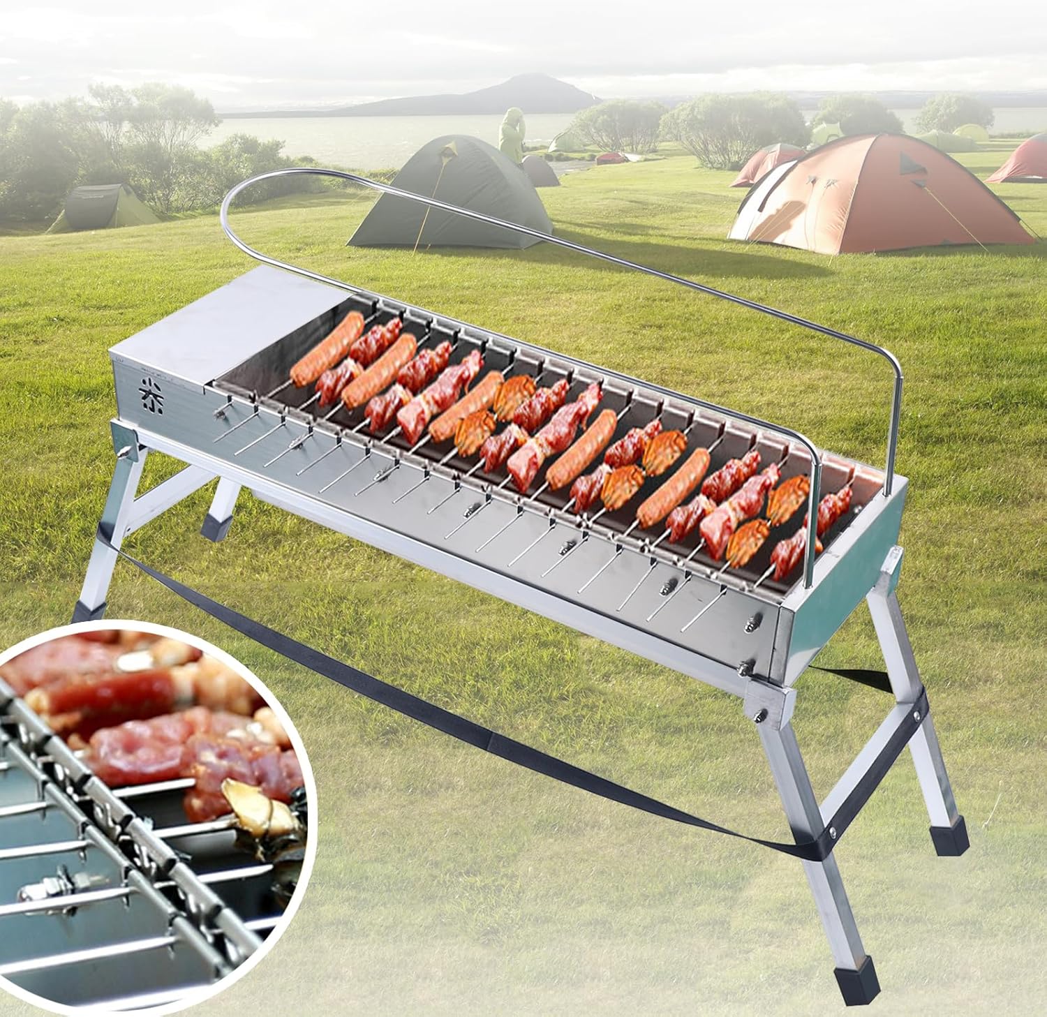 Automatic Rotating Electric BBQ Grill Foldable Kabob Grill Stainless Steel Rotating Barbecue Grill with 17 Grill Rods Portable BBQ Grill for Backyard, Garden, Courtyard