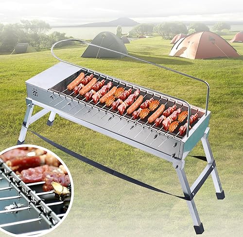 Miniatura 3 de Parrilla eléctrica giratoria automática para barbacoa, parrilla plegable de acero inoxidable con 17 varillas de parrilla, parrilla portátil para