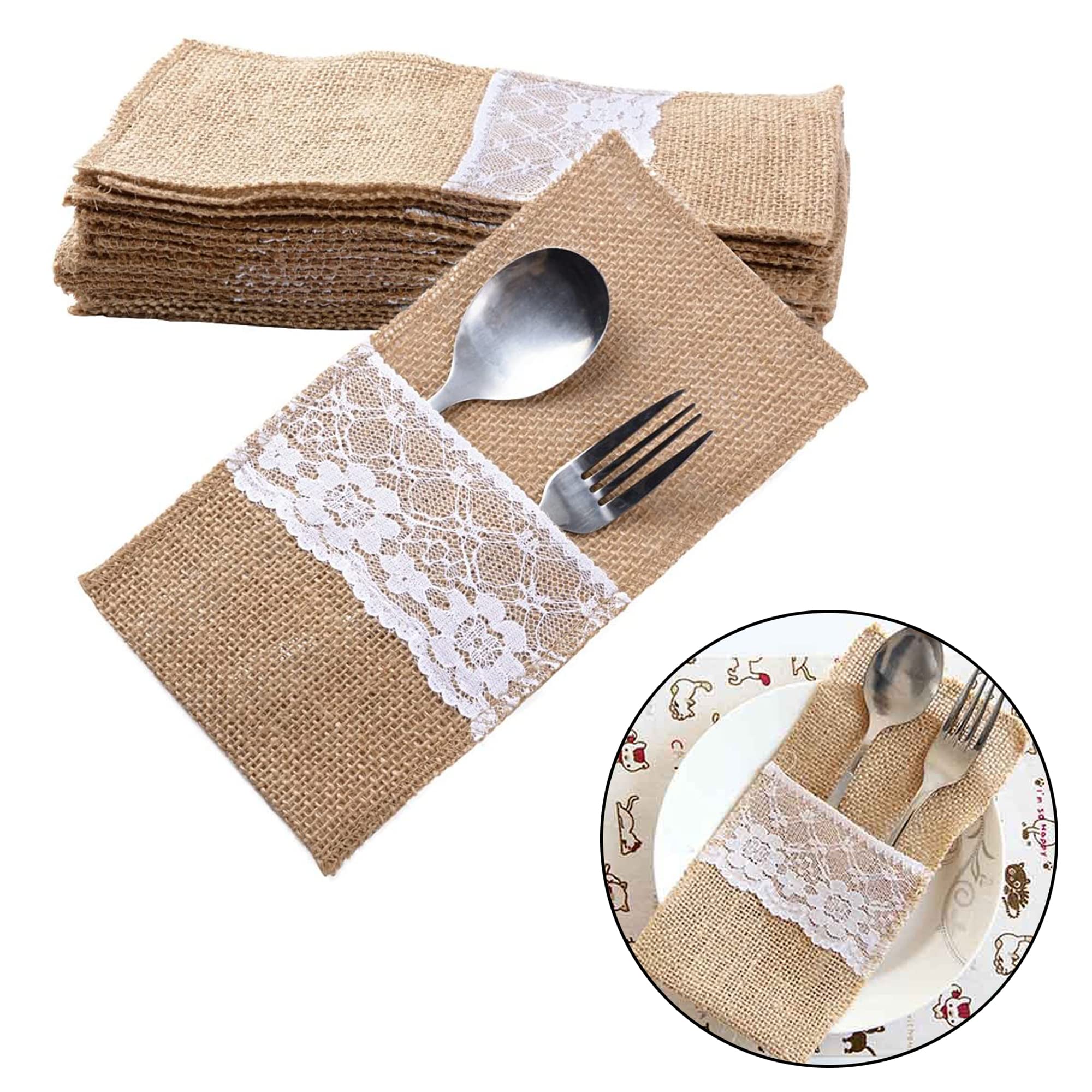 20 Bolsas De Cubiertos De Yute Con Encaje, 11x23 Cm, Ideales Para Bodas, Banquetes, Picnics Y Comuniones, Incluye Lazo De Yute Decorativo, Elegantes Y Duraderas