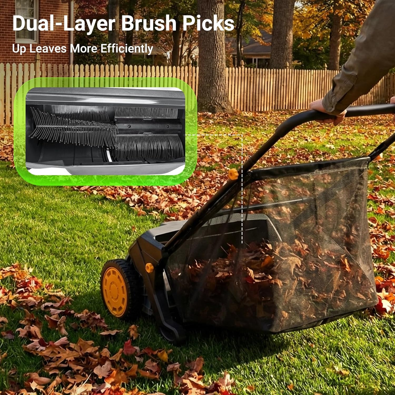 21" Push Lawn Sweeper with 103L Mesh Collection Hopper Bag,200L Leaf Bag, 4 Adjustable Height Spinning Brushes– Quick Cleaning for Leaves and Grass,Grey