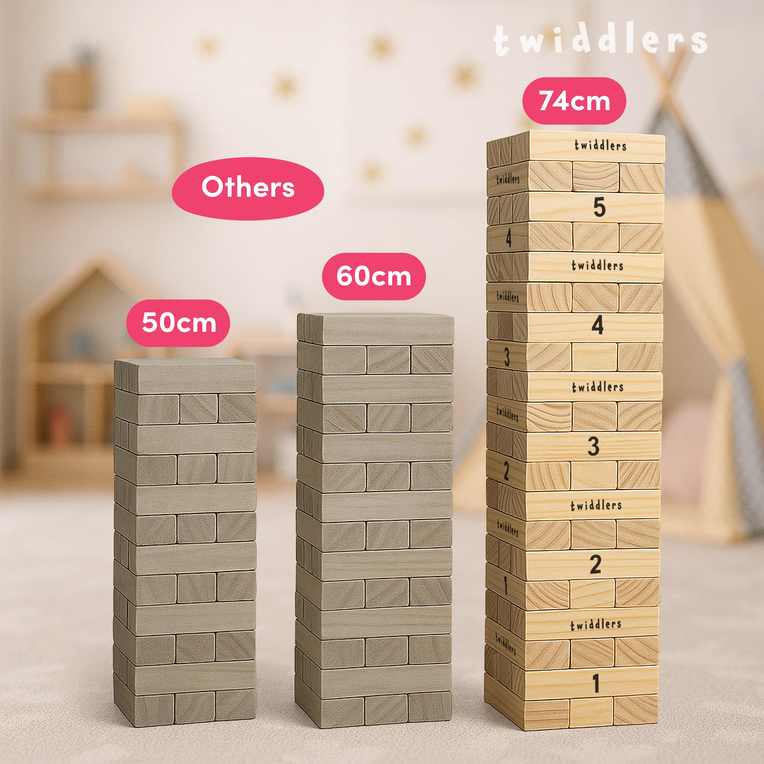 THE TWIDDLERS XXL Houten Stapeltorenspel, Wiebeltoren met 64 Blokken & Draagtas (87cm, op te Stapelen tot 4 Ft Hoog) - Reusachtig Buitenspel & Tuinspel voor Verjaardagen & Bruiloften (Extra Groot