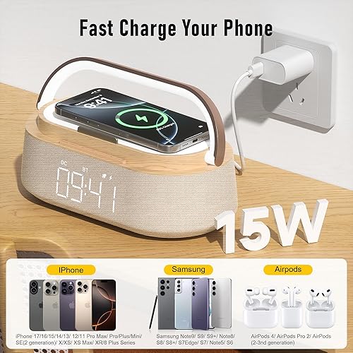 Miniatura 4 de FREEFISH Altavoz Bluetooth con carga inalámbrica, radio FM de 2500 mAh, luz nocturna LED adecuada para el hogar, dormitorio, oficina, regalos