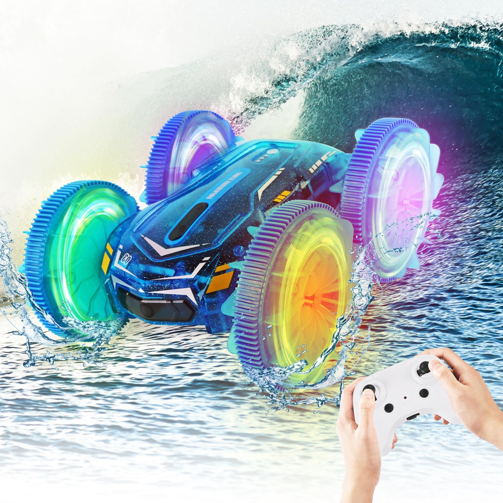 Kihhvlo Coche Teledirigido, Coche Radiocontrol 2.4Ghz Impermeable RC Car Recargable con Luces, 360 ° Roating All Terrain Stunt Juguete para niños de 5 6 7 8 9 10 11 12 año