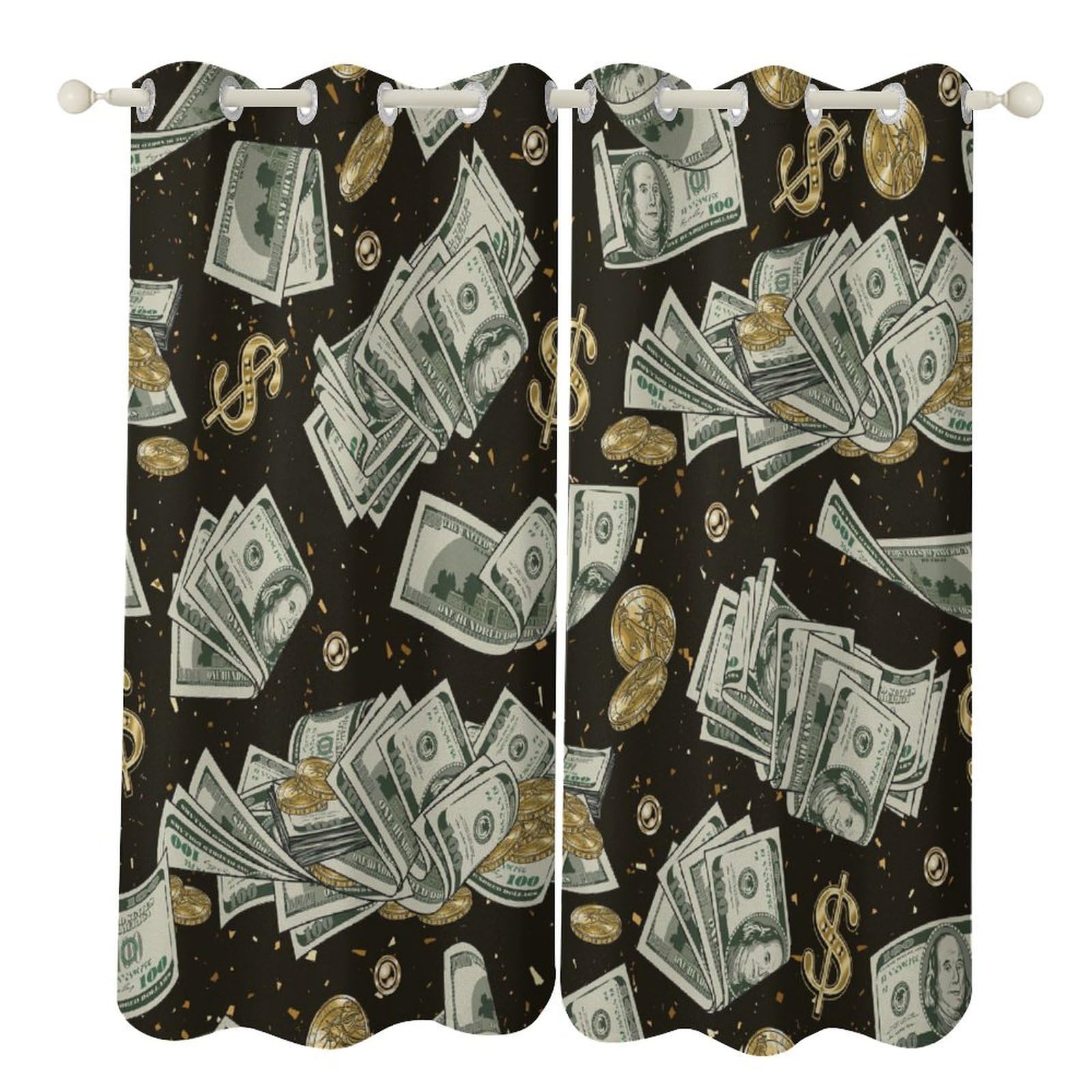 Money Blackout Curtains for Boys Bedroom, Hundred Money Falling Shining Gold Coins Bill Cash 100 Dollar Pattern Decor Window Treatments, Grommet