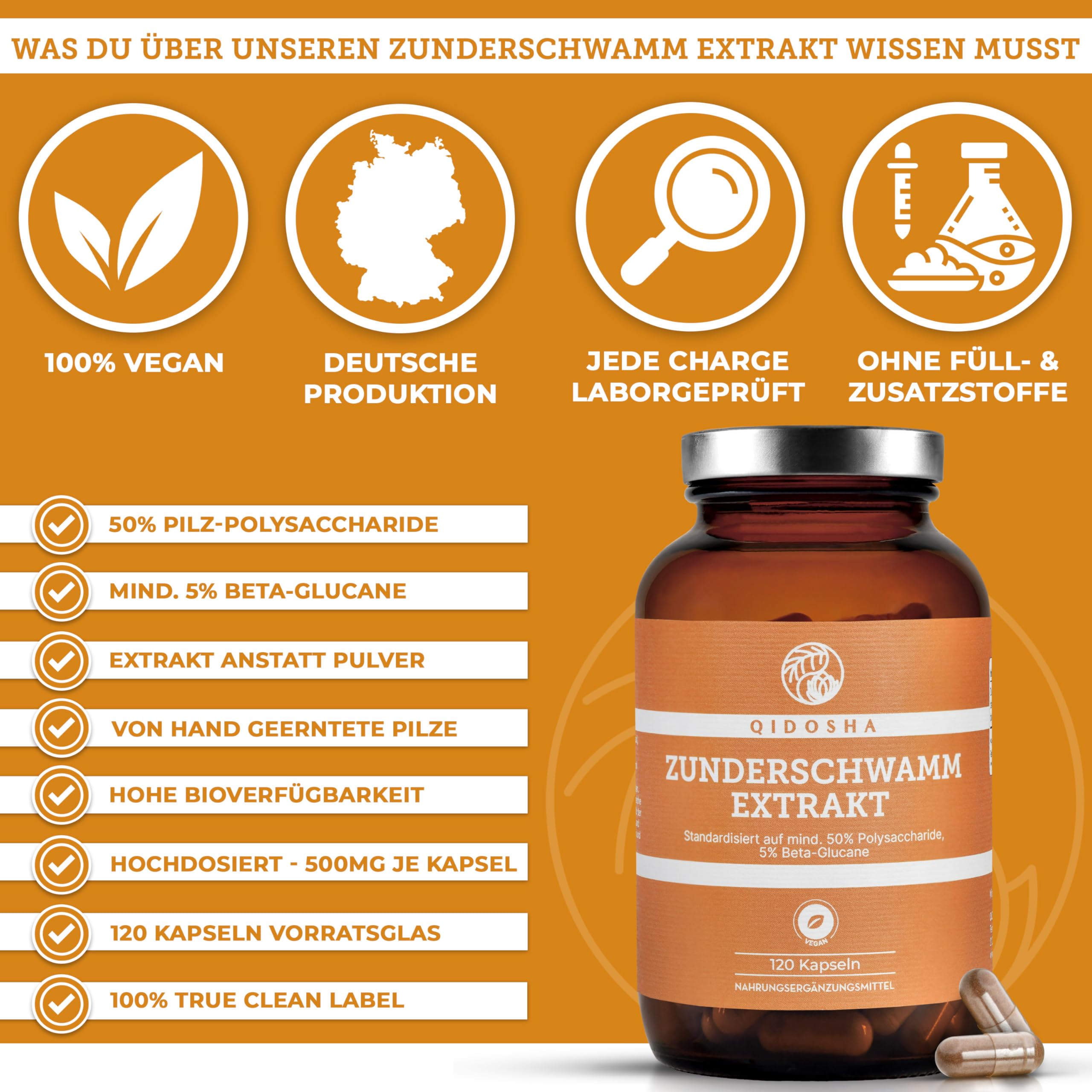 QIDOSHA® Zunderschwamm Extrakt Kapseln, 120 Stk im Apothekerglas, hochreiner Fomes fomentarius Extrakt mit 500mg je Kapsel, davon 50% Pilz-Polysaccharide mit mindestens 5% Beta-Glucanen, dt Fertigung