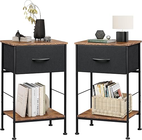 WLIVE Juego de 2 mesitas de noche, mesa auxiliar con cajón de almacenamiento de tela y estante de madera abierto, muebles de noche con marco de