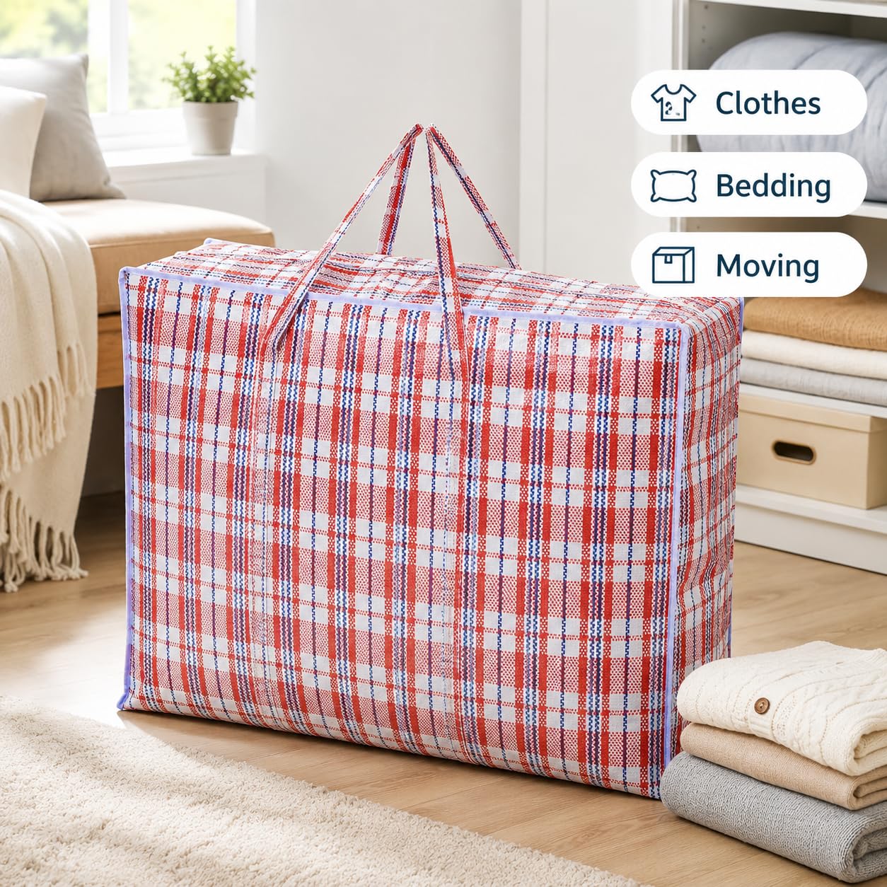 1ABOVE Confezione da 3 sacchetti jumbo resistenti per biancheria, shopping, stoccaggio, riutilizzabili, in tessuto, traslochi, impermeabili, con manici e cerniera, 70 x 60 x 28 cm