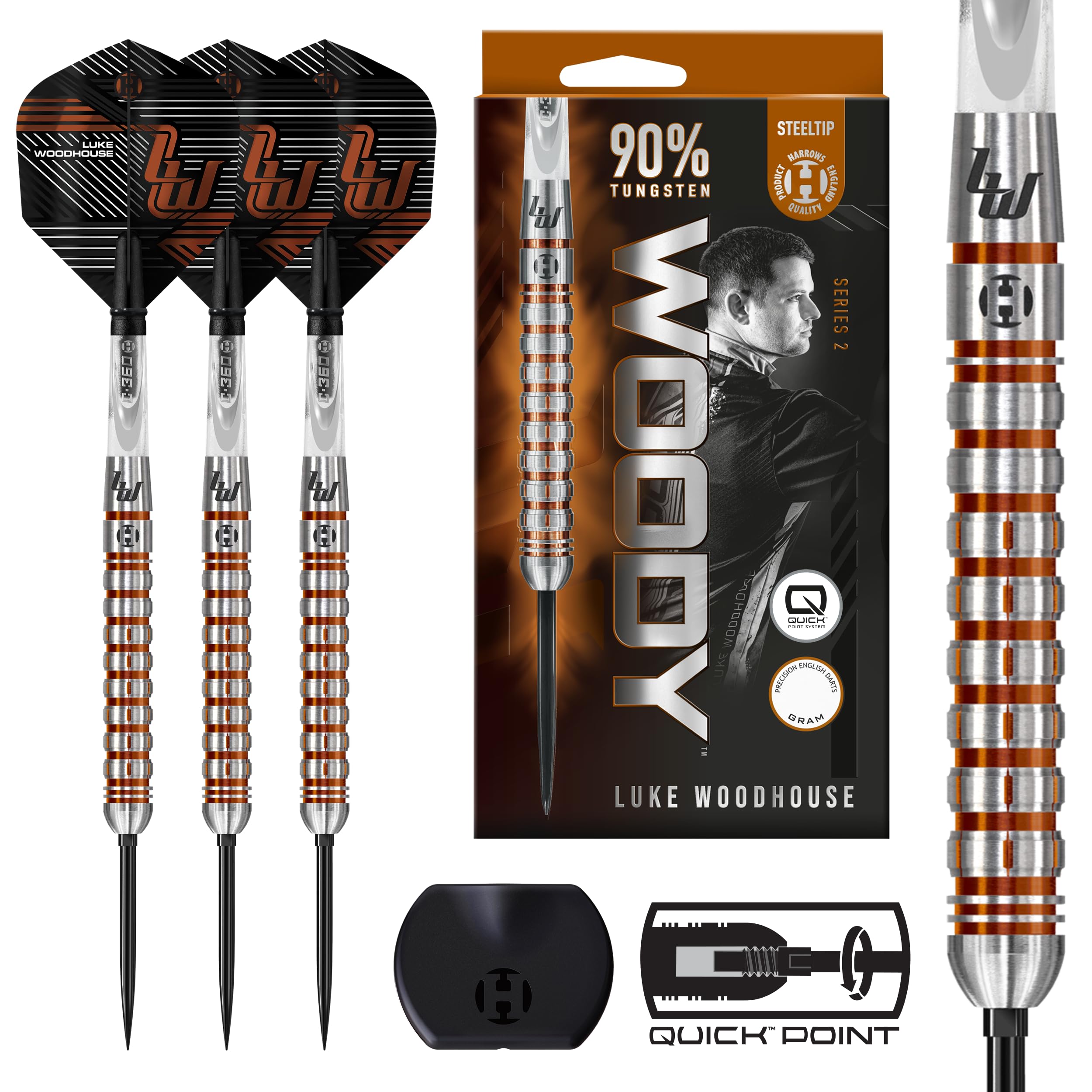 Harrows Luke Woodhouse 'Series 2' (25g) Professional Darts 90% Tungsten Steel Tip Darts Set with Quick Point Change System Set