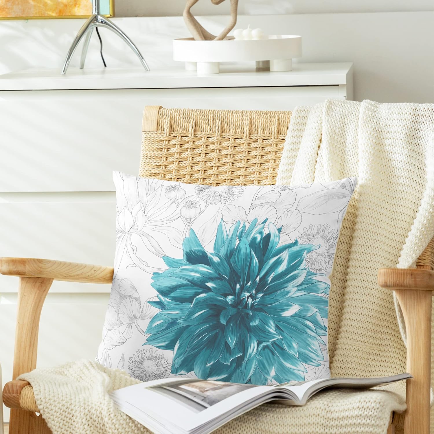 CaliTime Throw Pillow Covers Decorative 18 X 18 Inches Pack of 2 Cozy Fleece Colorful Dahlia Flower Simple Strokes Flora Background Cushion Cases for Couch Bed Sofa Farmhouse Decoration Teal Grey - Image 3