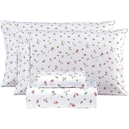 Mooreeke Queen Sheets Set - 4 Pieces Soft Breathable Microfiber Bed Sheet Set - Pink Flower Green Leaf Pattern Sheet Set - Deep Pocket Non-Slip Floral Printed Fitted Sheet Included for All Season