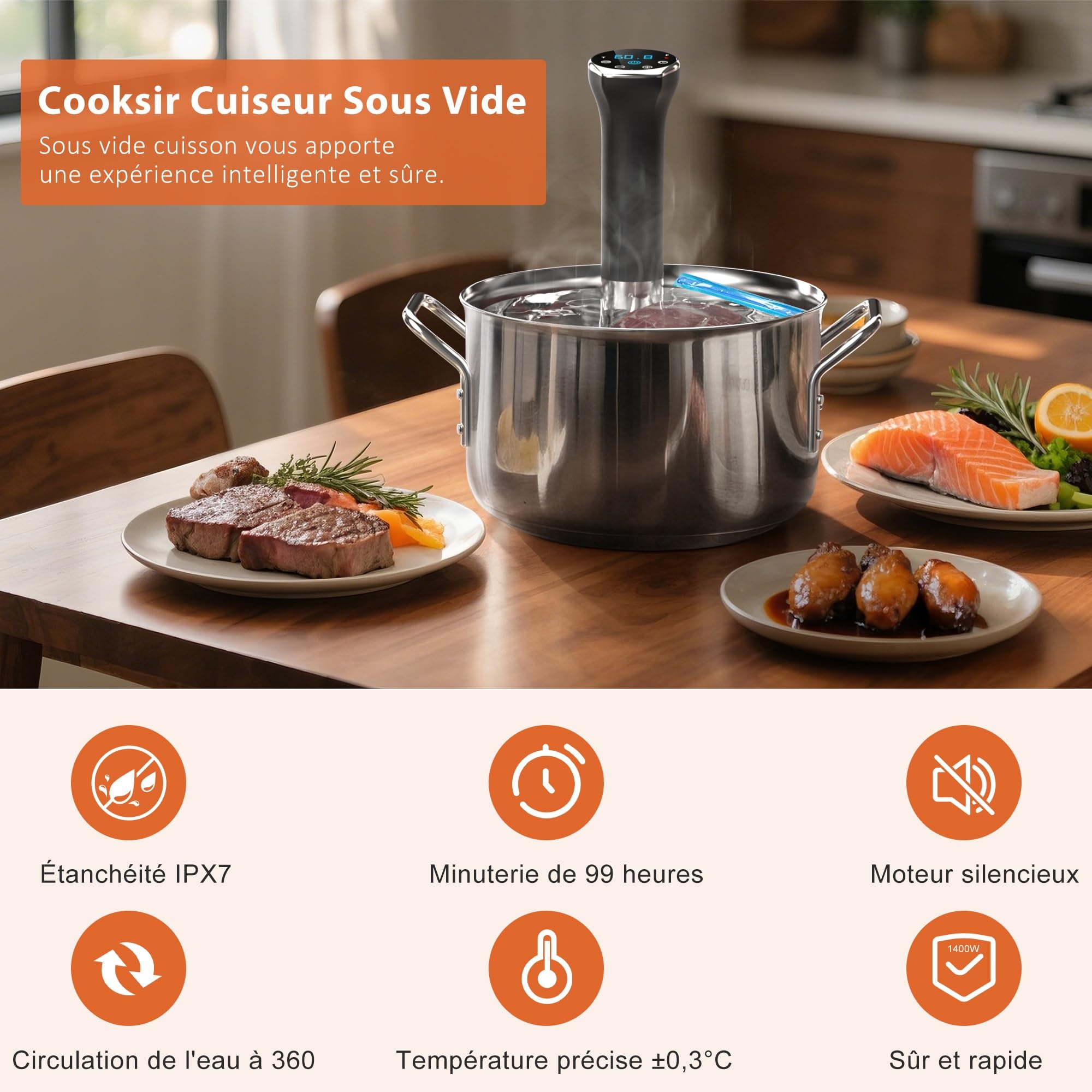 Cuiseur Sous Vide, Cooksir 1400W Sous Vide Cuisson, LED Commande tactile, IPX7, Boîtier en Acier Inoxydable, Argenté, 360° Cycle, 10°C-90°C, 1-99 minutes, Prise