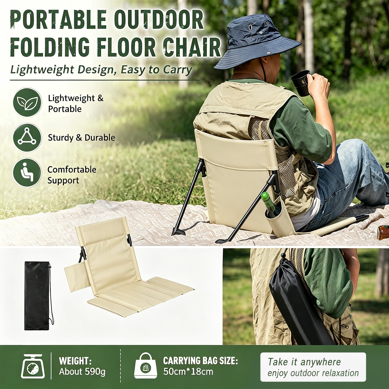 Sedia a sdraio pieghevole leggera con schienale 54x35cm, sedia a sdraio pieghevole per viaggi e campeggio, sedile da terra regolabile in altezza con tasca, per spiaggia, lago, giardino, robusta