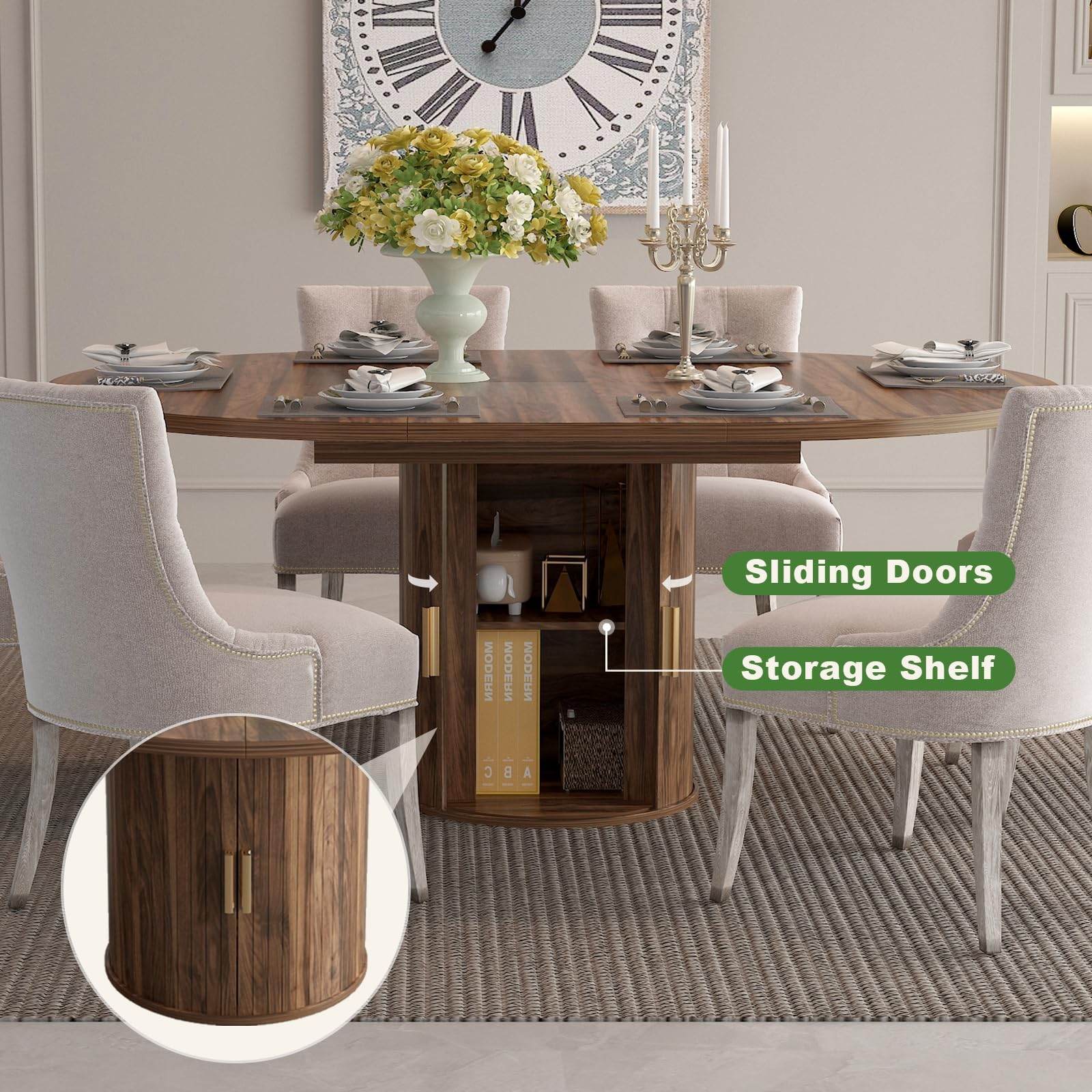 Esstisch Ausziehbar, Runder Esszimmertisch mit Holzsockel, Ausziehbar zu Oval, Moderner Küchentisch für 4-6 Personen, Rustikal Braun,Pedestal Base