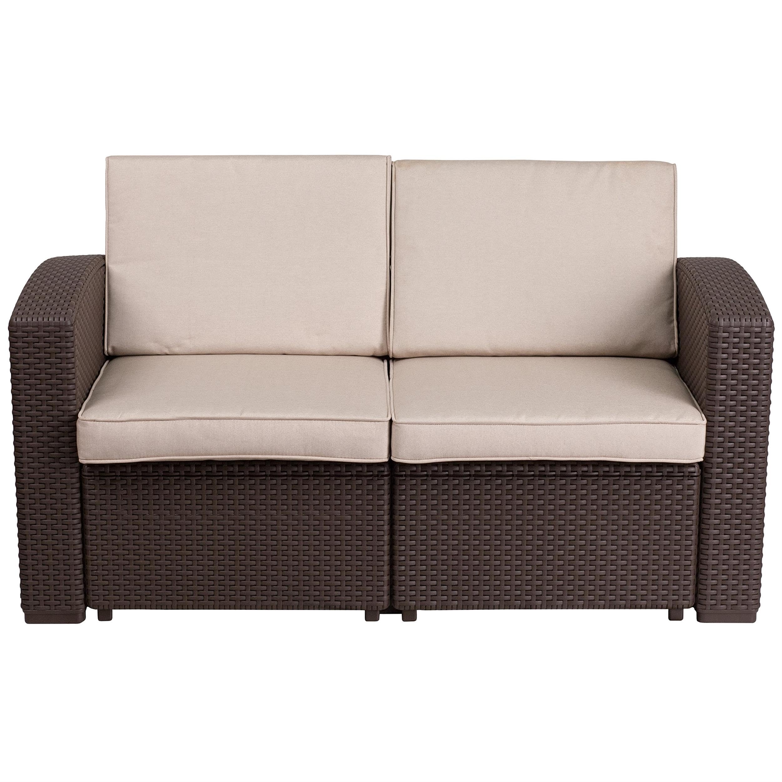 Flash Furniture Divanetto Seneca in finta rattan marrone cioccolato con cuscini beige resistenti a tutte le condizioni atmosferiche