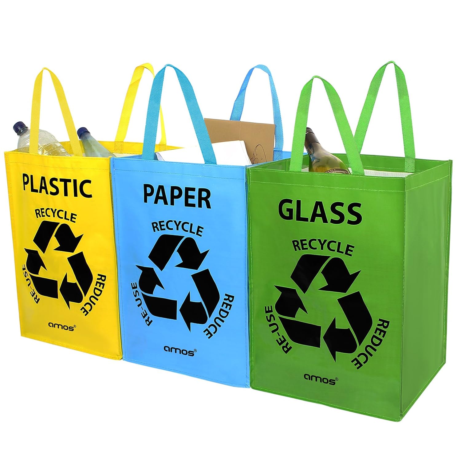 AMOS 3 x Recycling Recycle Bags 53L Colour Coded with Handles for