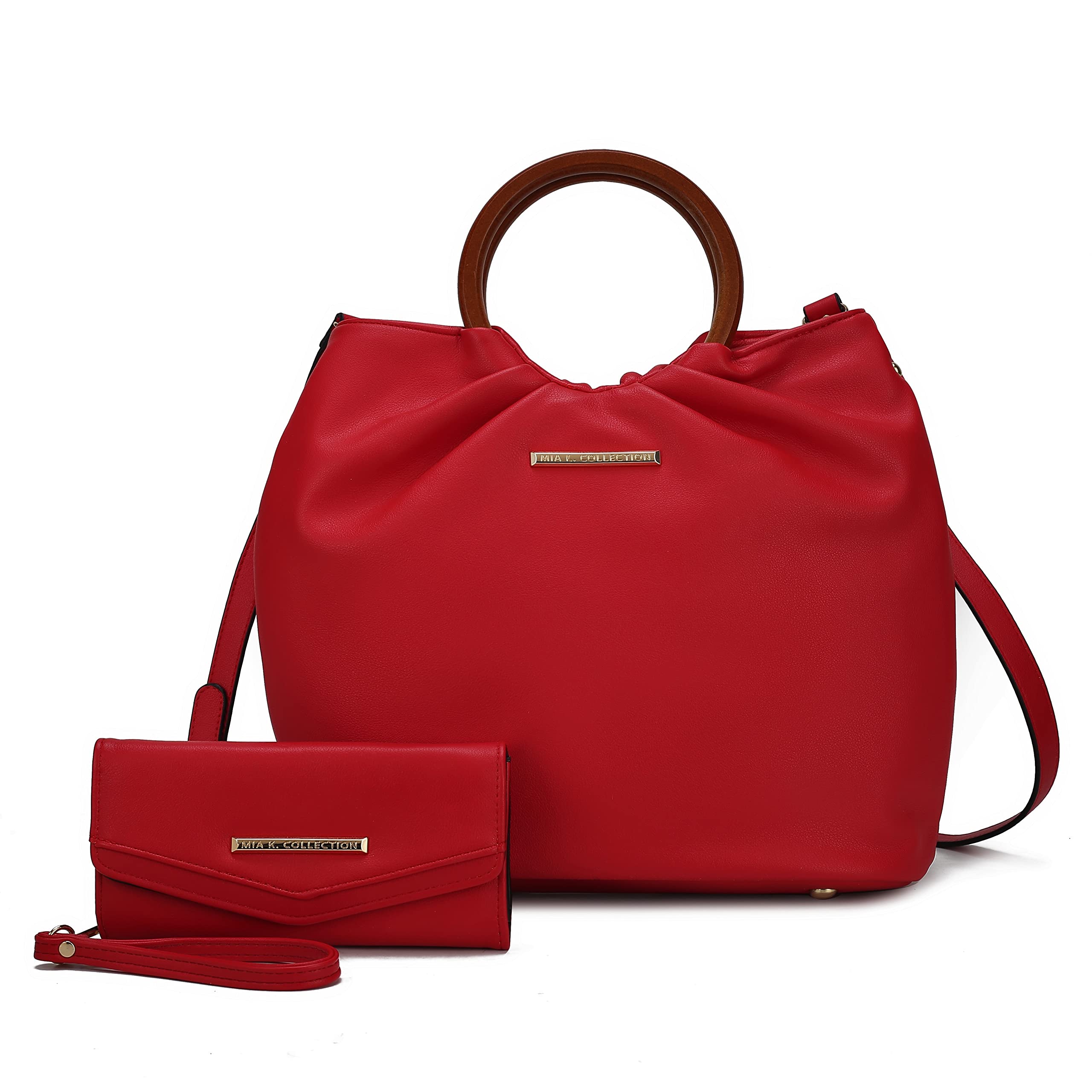 MKF Collection Tote Bag Set for Women, Vegan Leather Circular Wooden Top-Handle Shoulder Handbag Purse With Wristlet Wallet