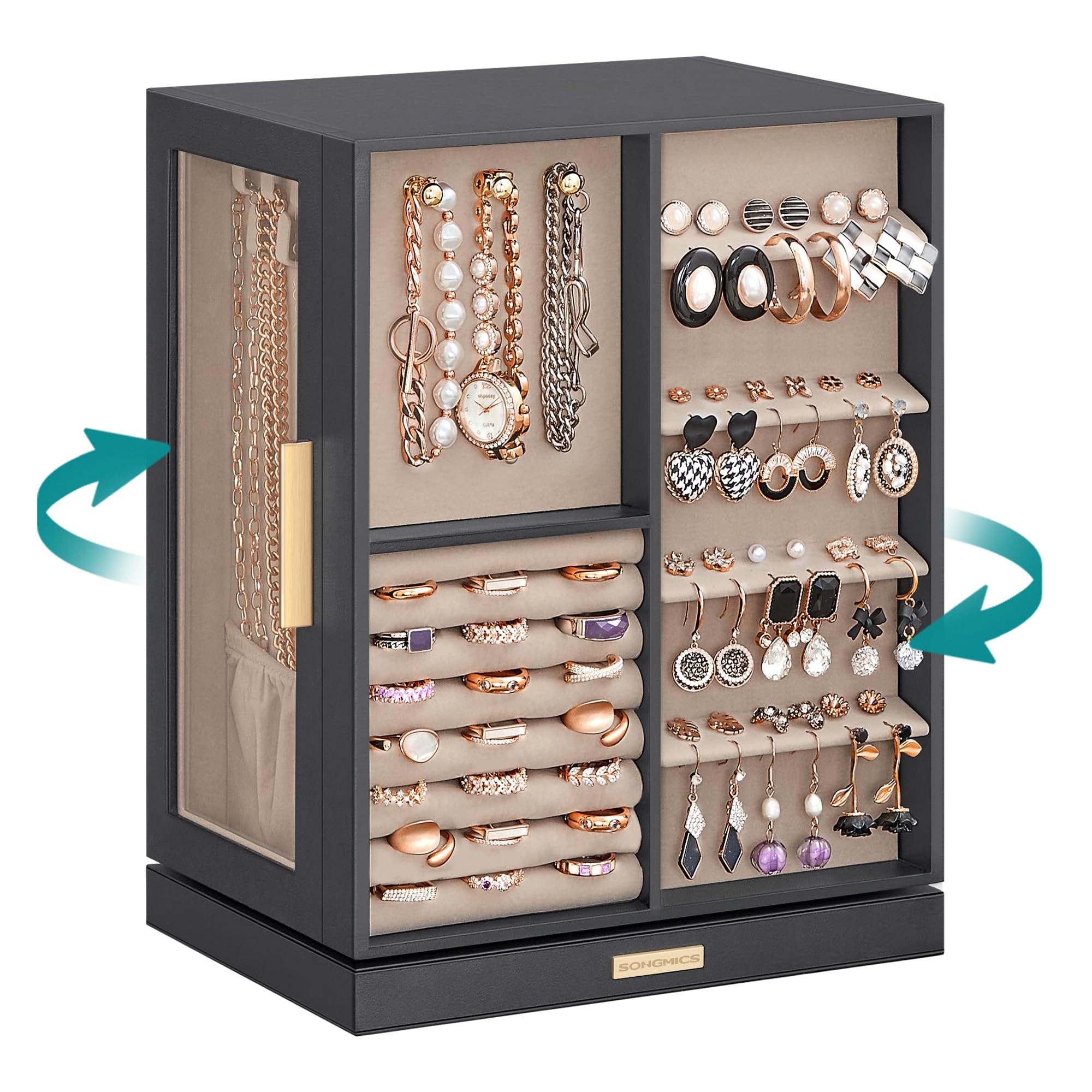 SONGMICS GISELLA Collection - Jewellery Box Organiser 360° Rotating, Vertical Jewellery Display Case with 5 Drawers, Glass Window, Spacious, Open Design, Great Gift, Slate Grey JBC170G01